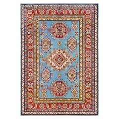 4
x6
 Blue Kazak with Geometric Medallions Design Hand Knotted Soft Wool Rug