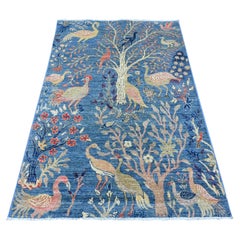 4'x6' Blue Peshawar with Birds of Paradise Design Hand Knotted Soft Wool Rug