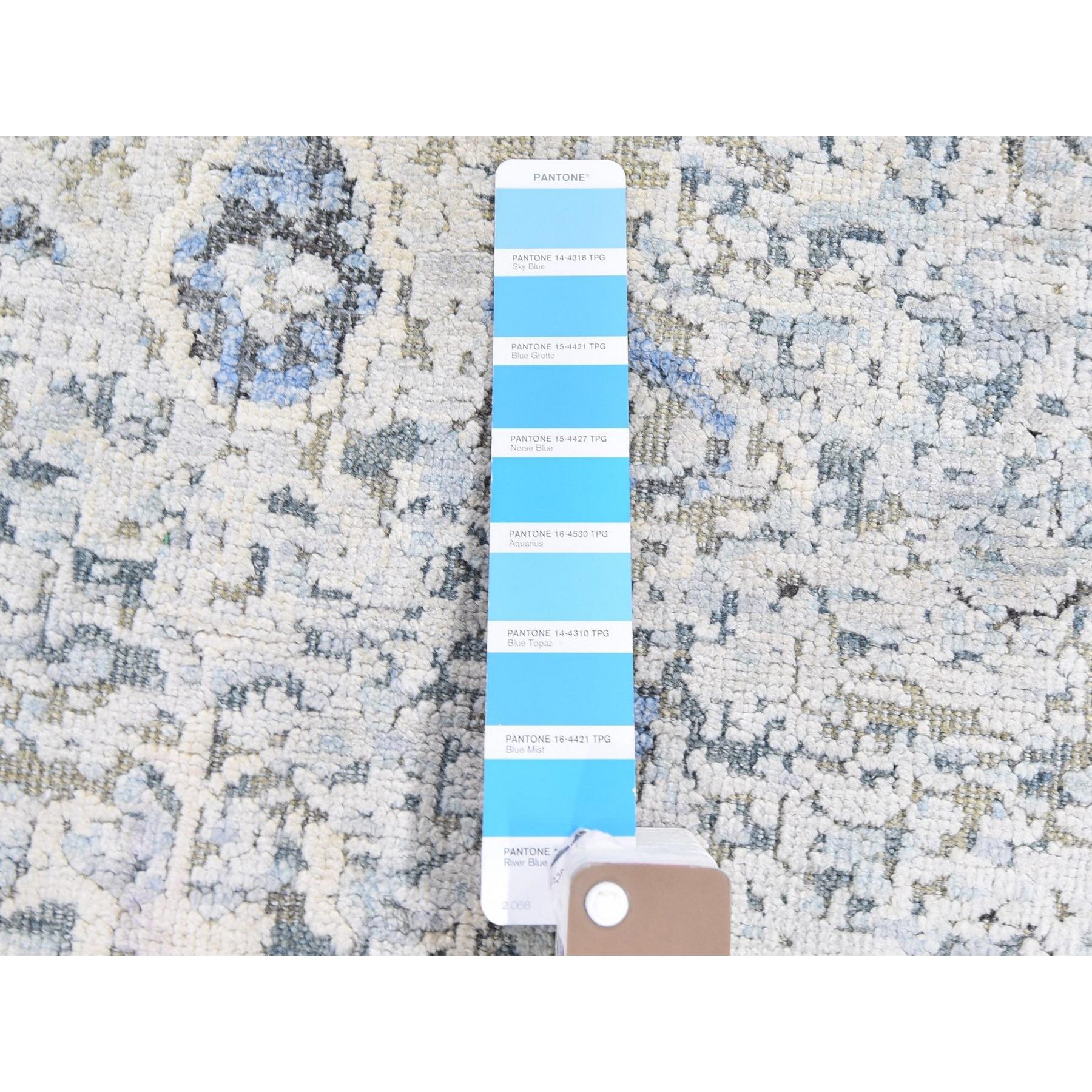 Indien 4'x6' Tapis Oushak noué à la main, bleu, pure soie et laine texturée, vieillie en vente