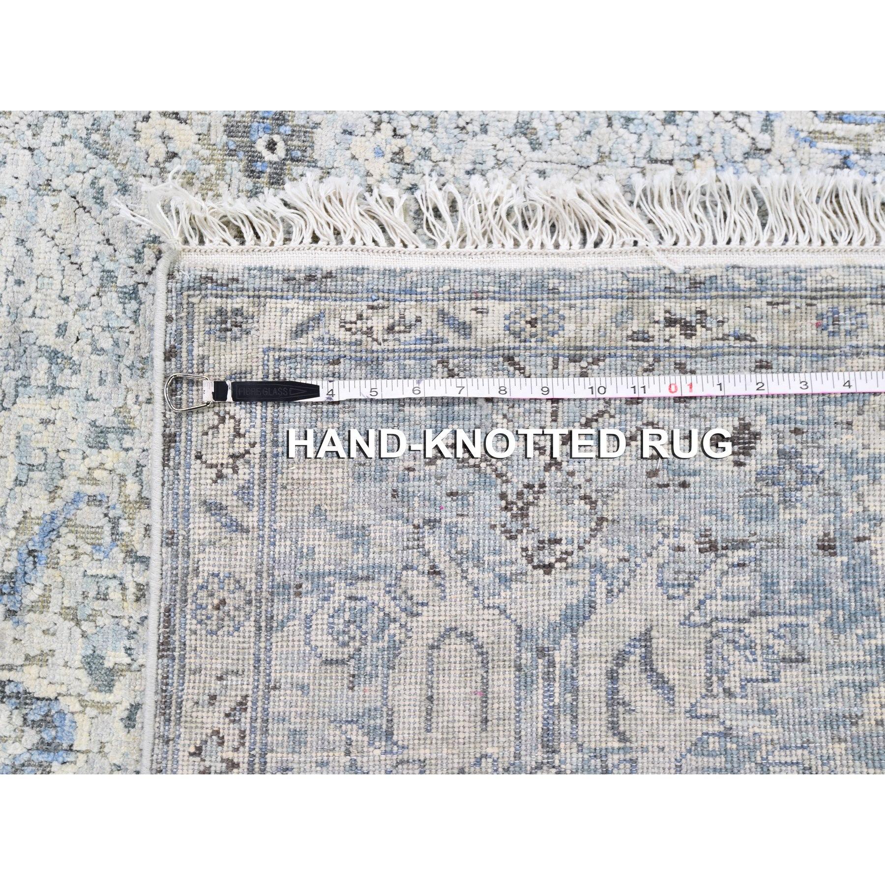 Soie 4'x6' Tapis Oushak noué à la main, bleu, pure soie et laine texturée, vieillie en vente