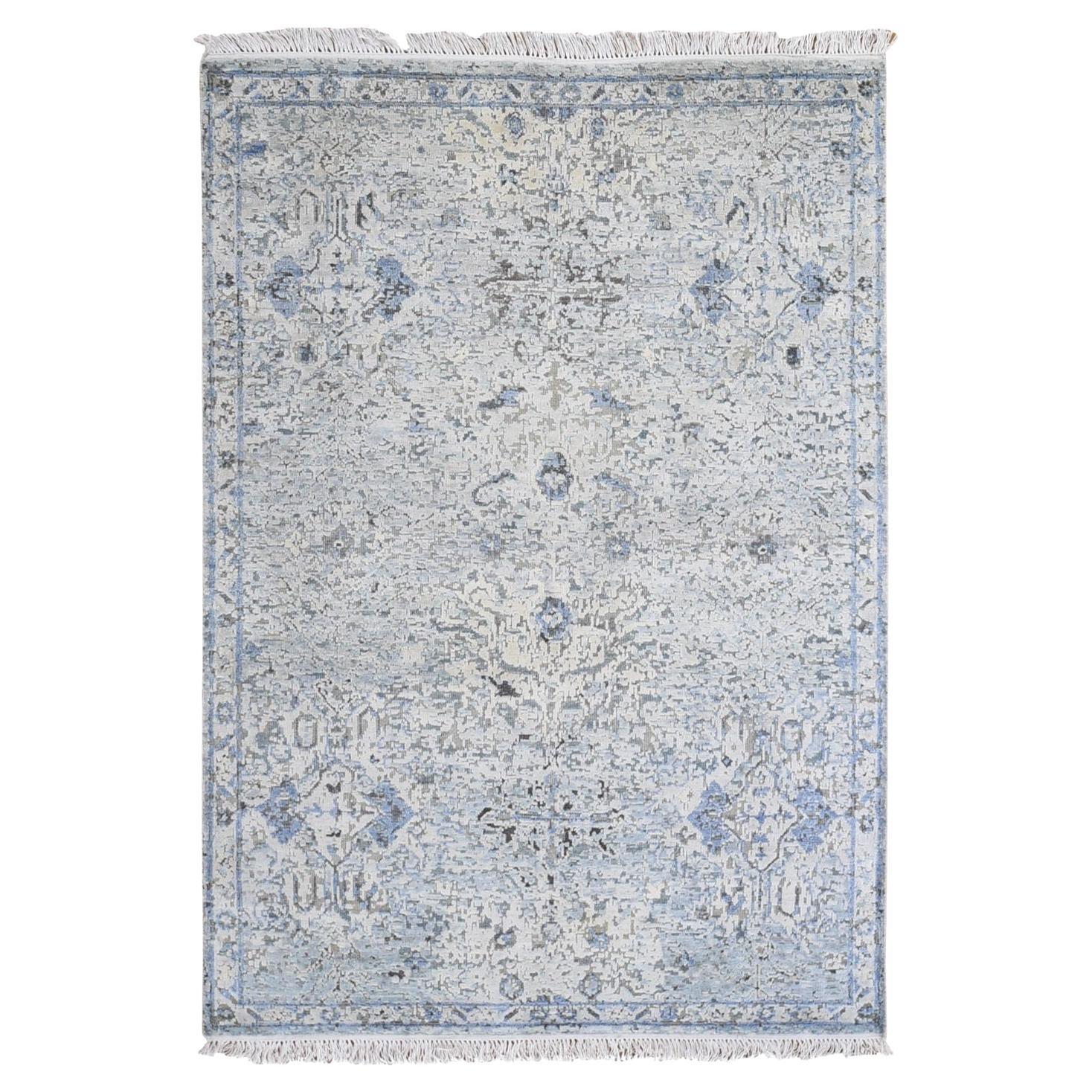 4'x6' Tapis Oushak noué à la main, bleu, pure soie et laine texturée, vieillie en vente