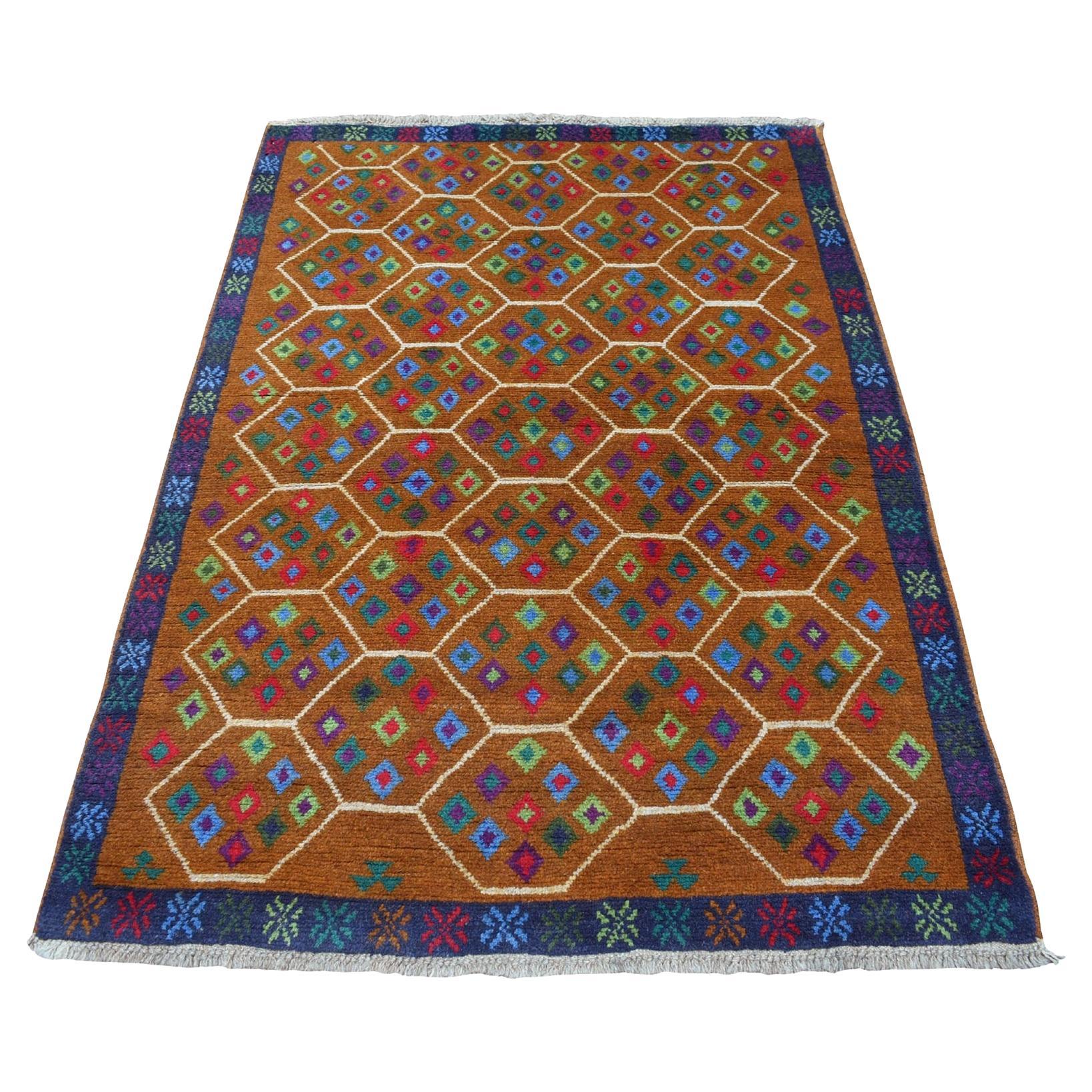 4'x6' Brown Colorful Afghan Baluch Tribal Design Hand Knotted Wool Rug