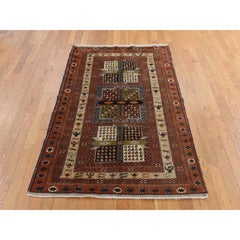 4'x6' Brown Vintage Zoroastrian Abadeh with Block Design Hand Knotted Wool Rug