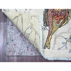 4'x6' Chiffon White Sparrows on the Tree Peshawar Soft Wool Hand Knotted Rug