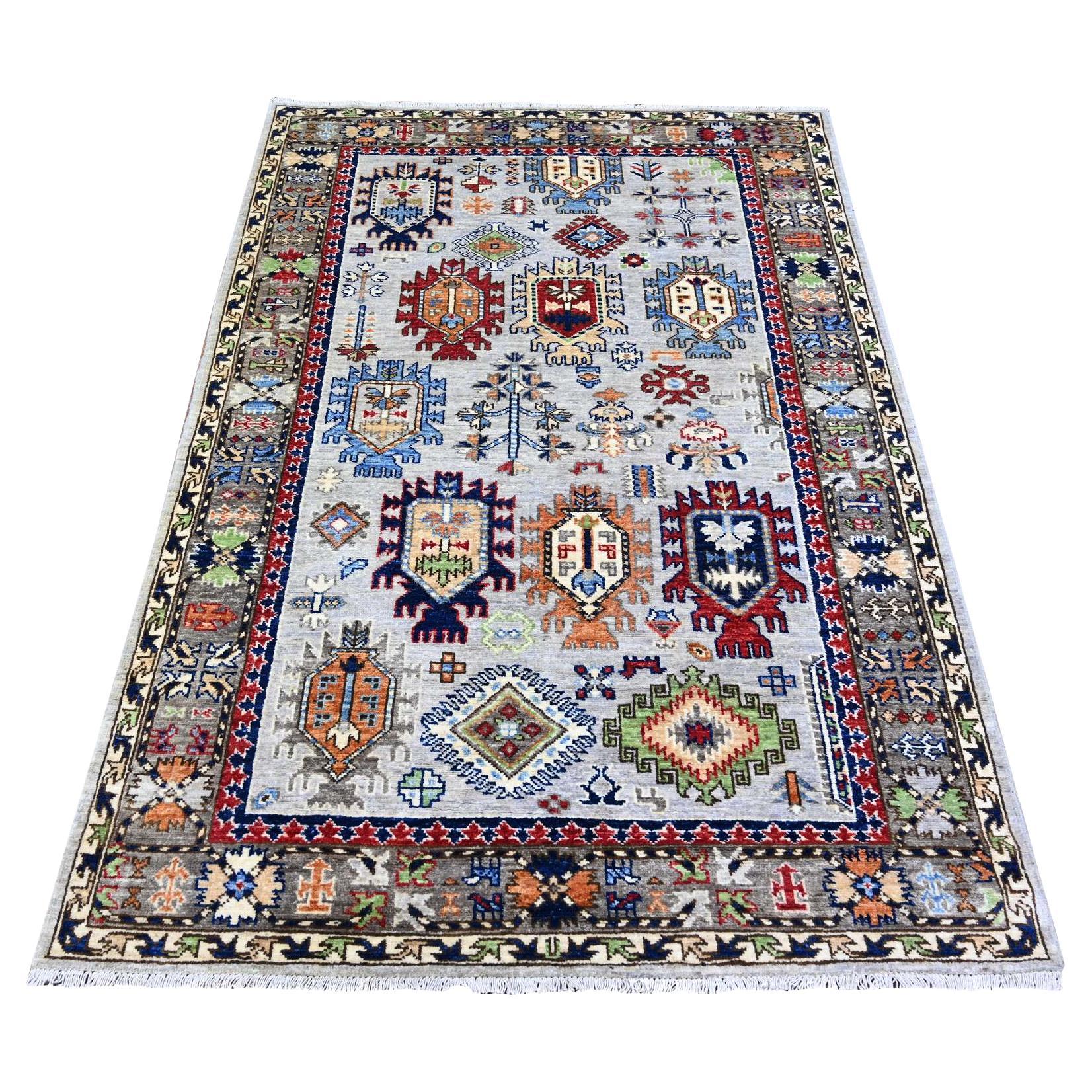 Tappeto orientale 4
x6
 Chrome Gray in lana annodata a mano Afghan Ersari Geometric Gul in vendita