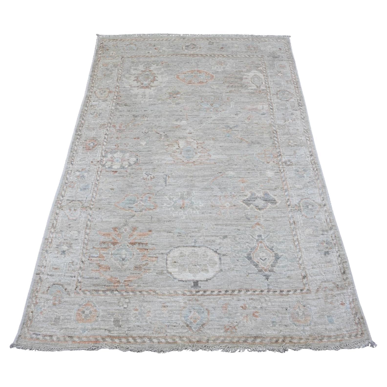 4'x6' Cloud Gray All Wool Afghan Angora Oushak Leaf Pattern Hand Knotted Rug