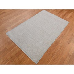 4'x6' Cream Color Hand Knotted Washed Out Khotan Pure Wool Rug