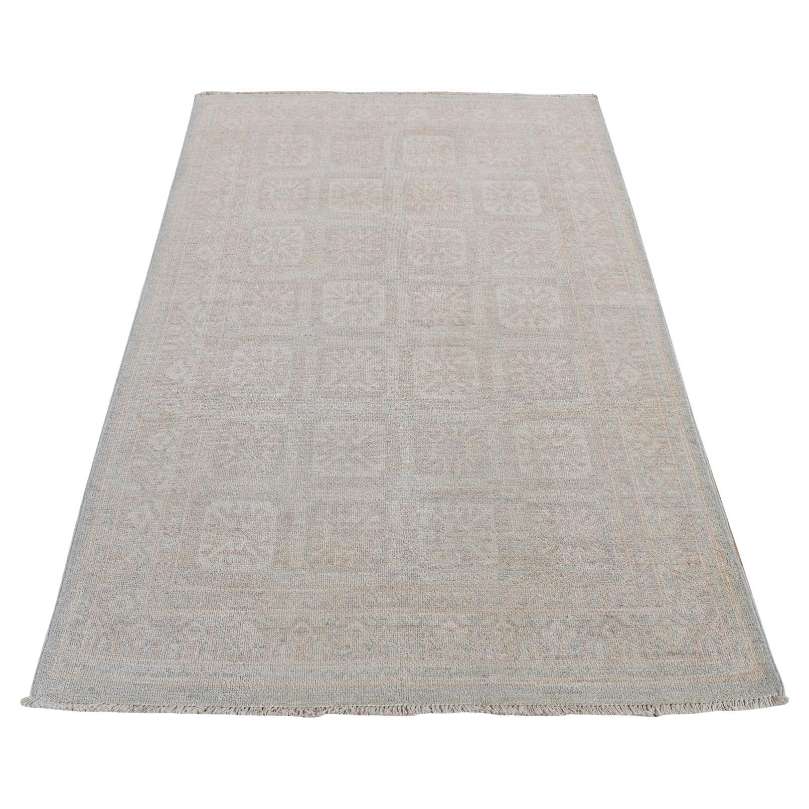 4'x6' Tapis en pure laine Khotan, couleur crème, noué à la main et délavé