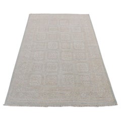 4'x6' Tapis en pure laine Khotan, couleur crème, noué à la main et délavé