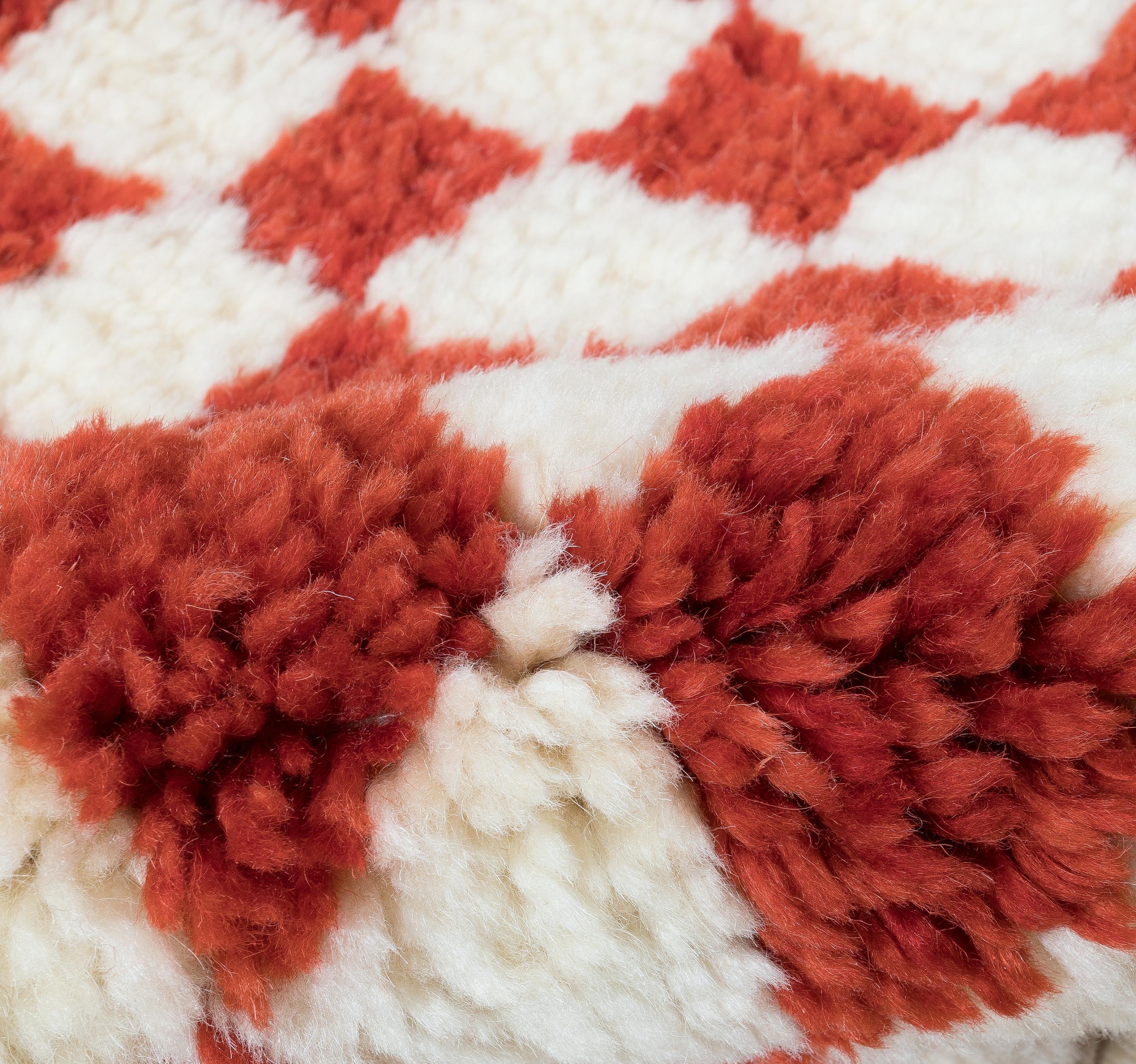 Turkish Modern Handmade Checkered Design Tulu Rug in Red and Ivory. All Soft, Cozy Wool For Sale