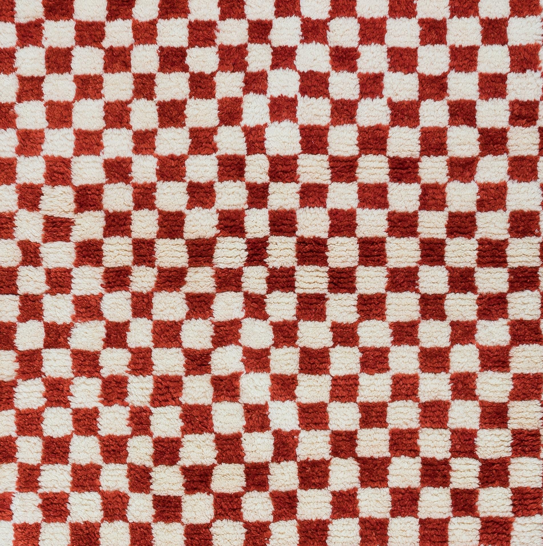 Hand-Knotted Modern Handmade Checkered Design Tulu Rug in Red and Ivory. All Soft, Cozy Wool For Sale