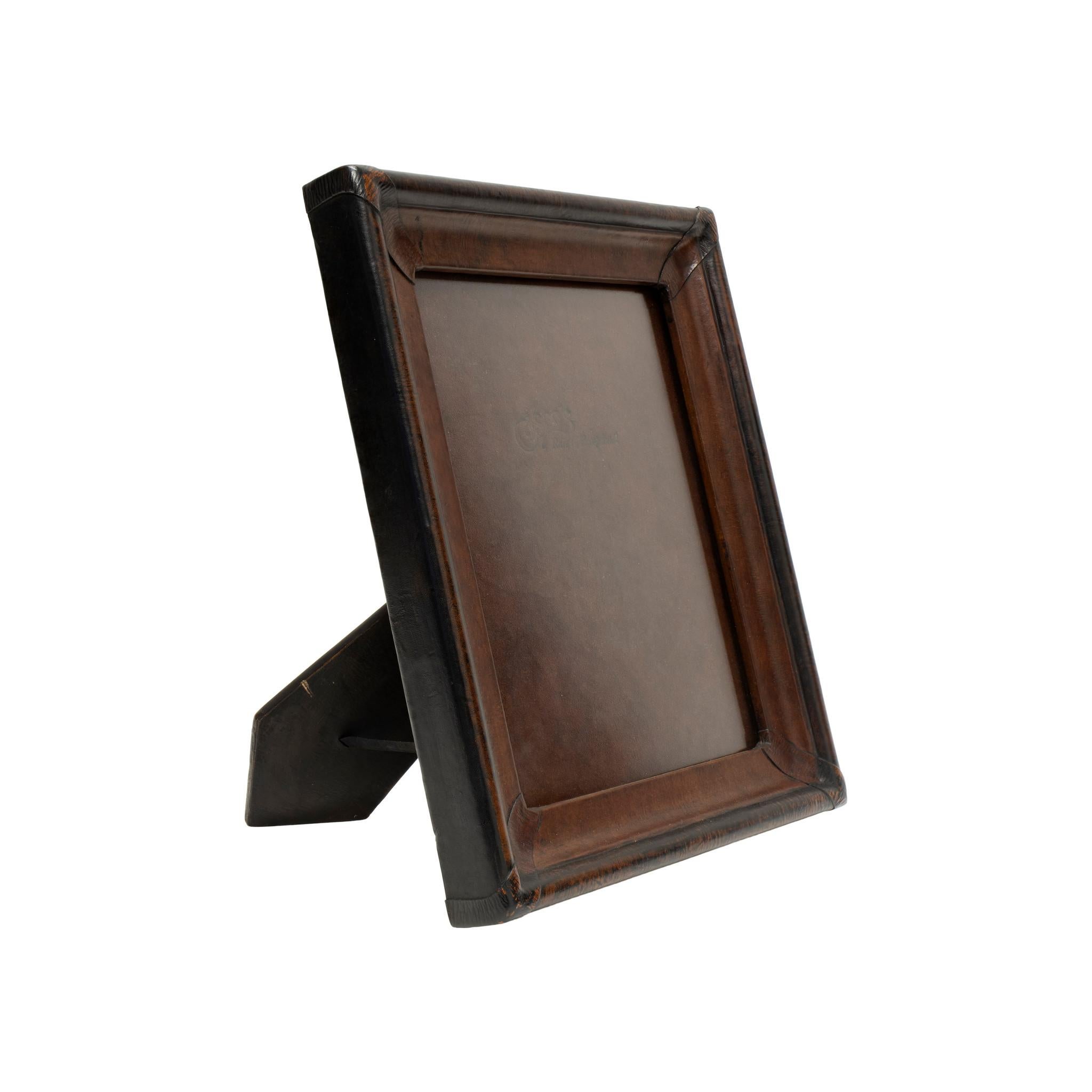 Contemporary 4x6 Dark Brown & Black Leather Tabletop Picture Frame - The Dressage For Sale