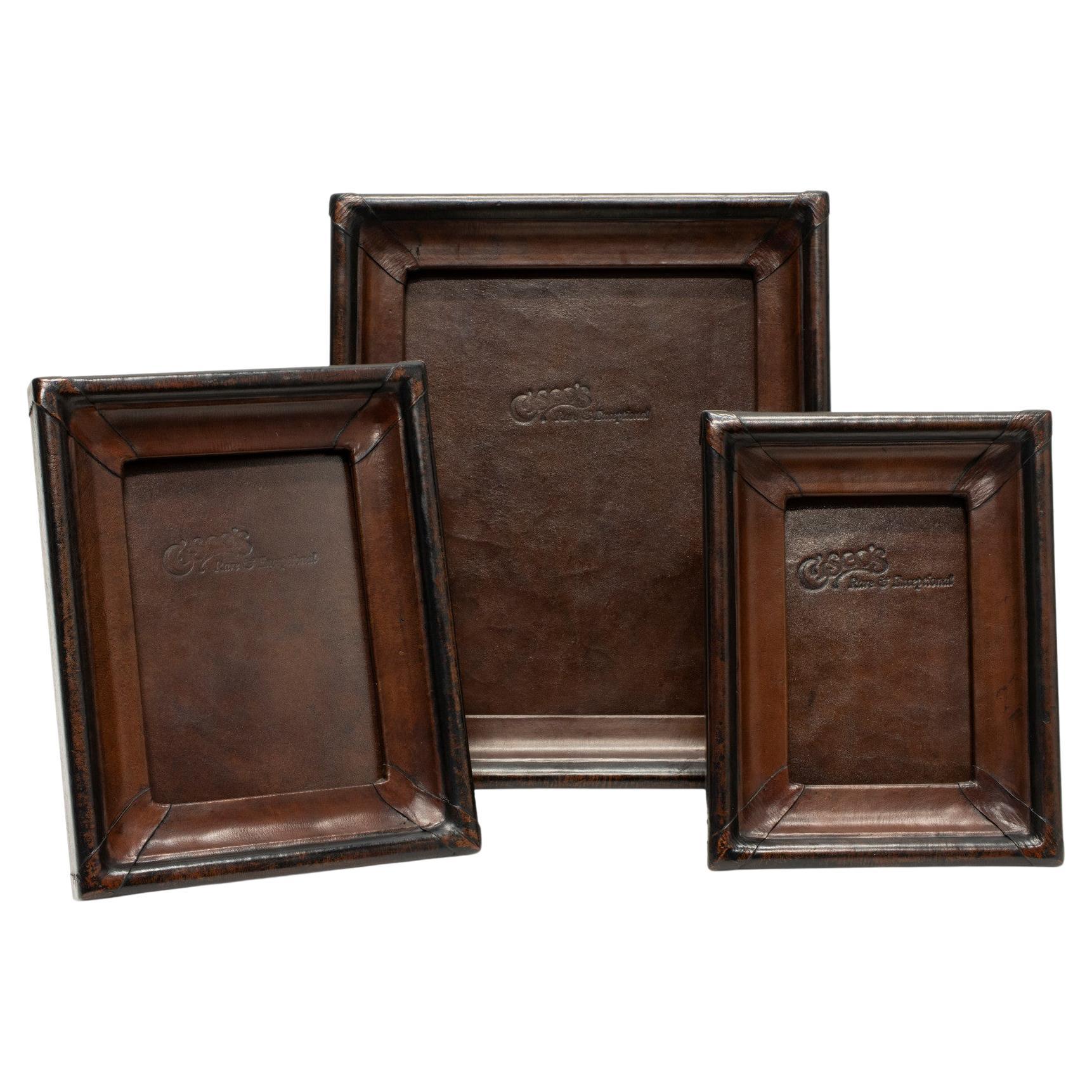 4x6 Dark Brown & Black Leather Tabletop Picture Frame - The Dressage For Sale