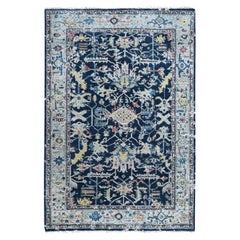 4'x6' Denim Blue Hand Knotted Pure Wool Heriz All Over Design Oriental Rug