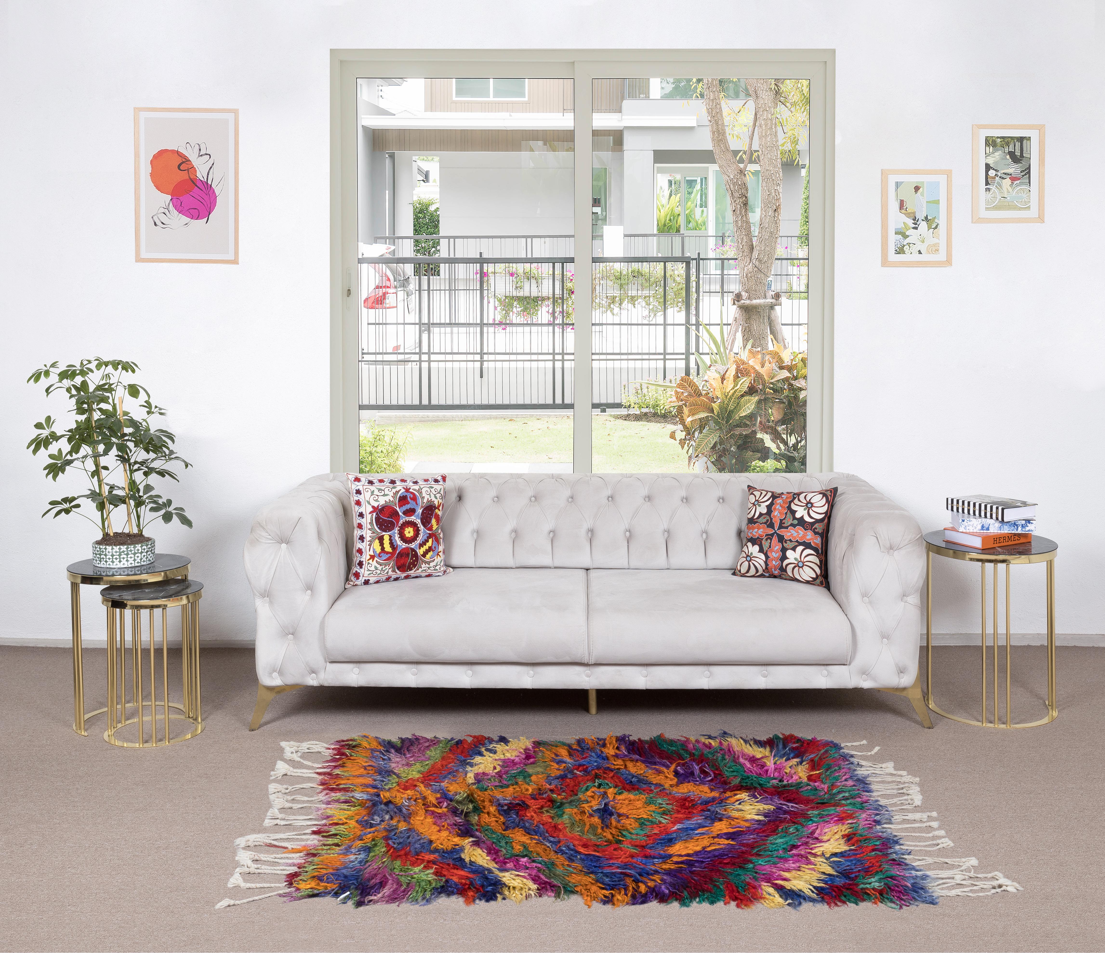 4x6 Ft farbenfroher handgefertigter Tulu-Teppich aus Mohair mit Fransen, 100% Mohairwolle im Zustand „Gut“ im Angebot in Spring Valley, NY