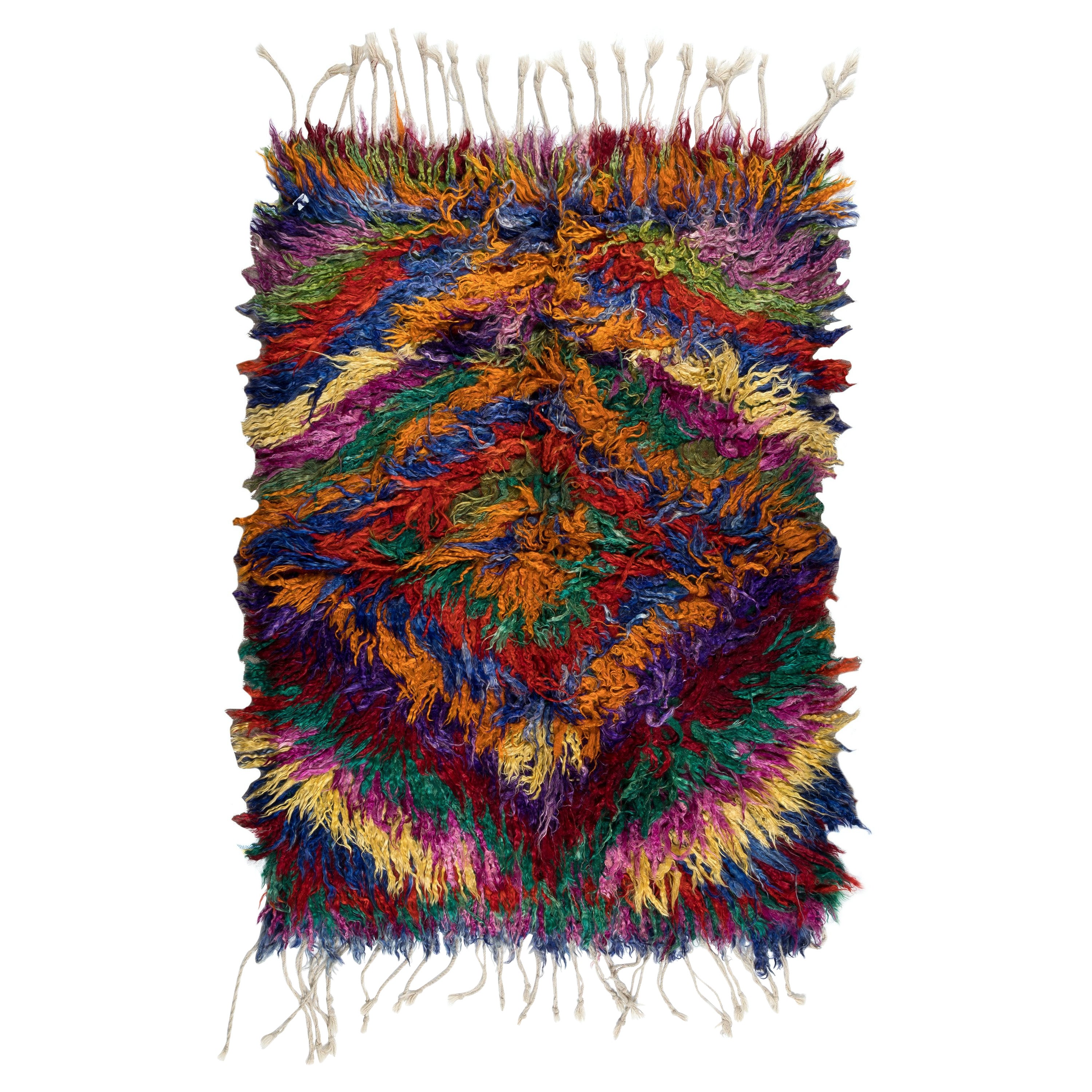 Tappeto Shag Pile Mohair Tulu fatto a mano 4x6 Ft colorato con frangia, 100% lana mohair