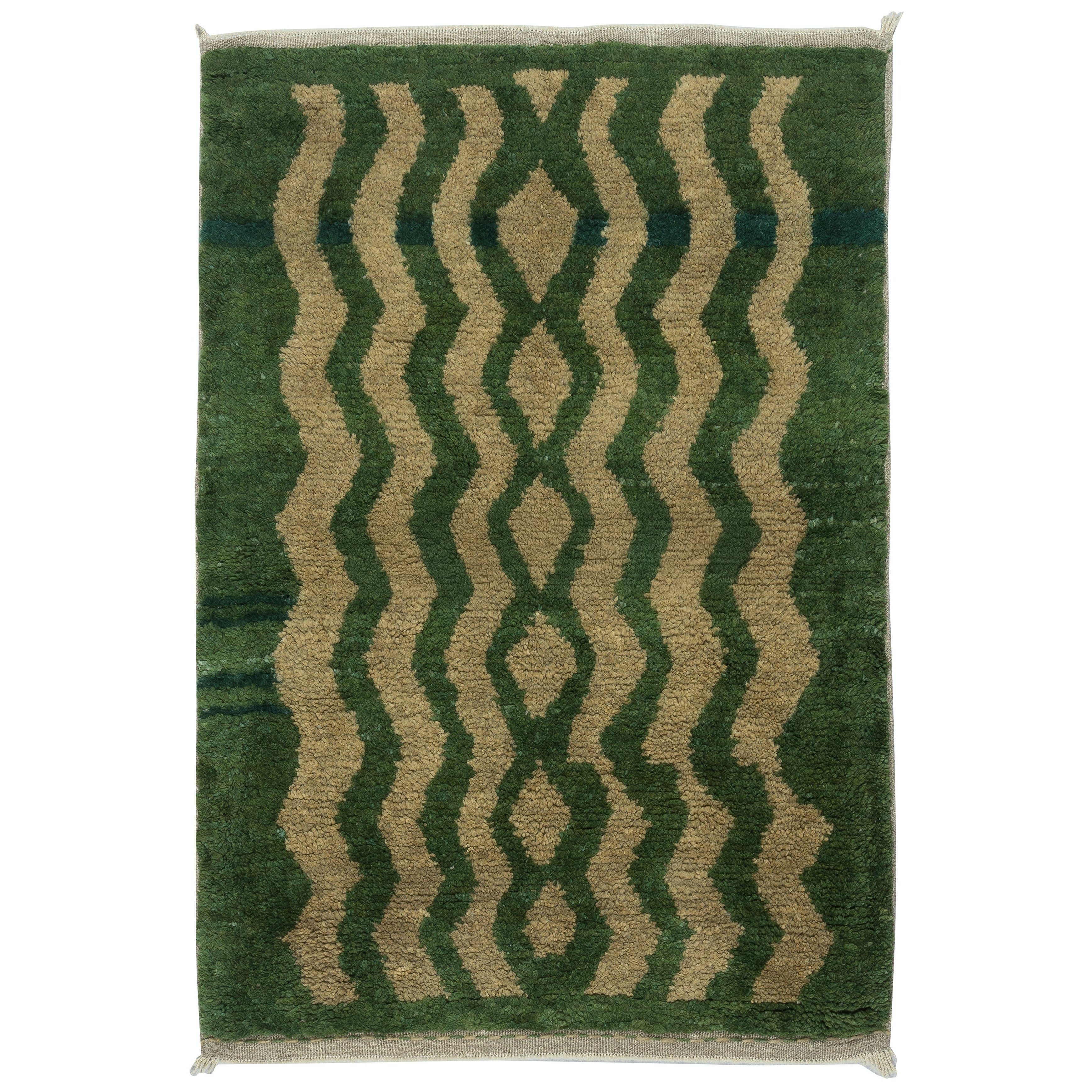 Tappeto Tulu turco contemporaneo fatto a mano 4x6 Ft con Zig Design in colore verde