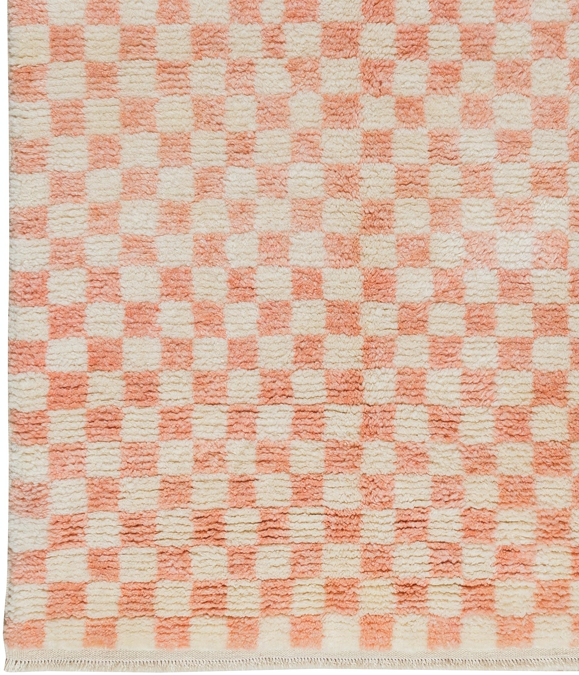 Turkish Custom Handmade Checkered Design Tulu Rug in Soft Pink & Beige. 100% Wool For Sale