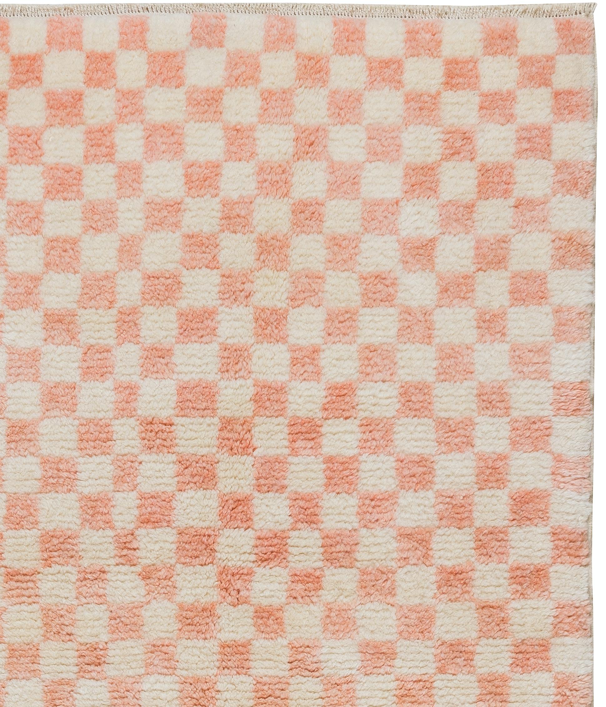 Hand-Knotted Custom Handmade Checkered Design Tulu Rug in Soft Pink & Beige. 100% Wool For Sale