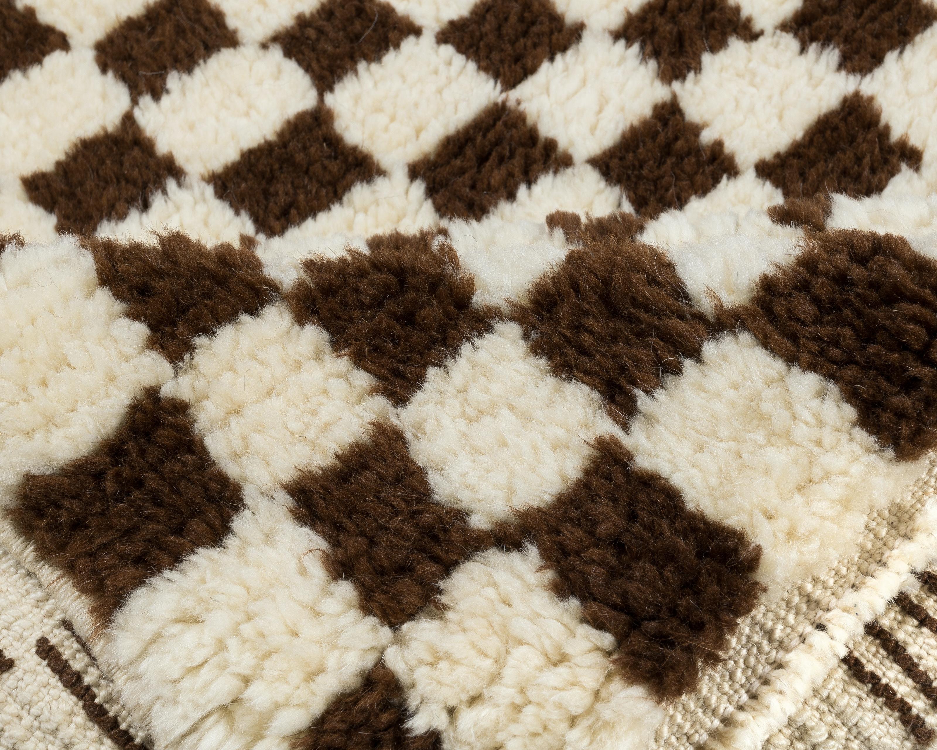 Turkish 4x6 ft Custom Handmade Tulu Rug, All Wool, New Checkered Design in Brown & Ivory For Sale