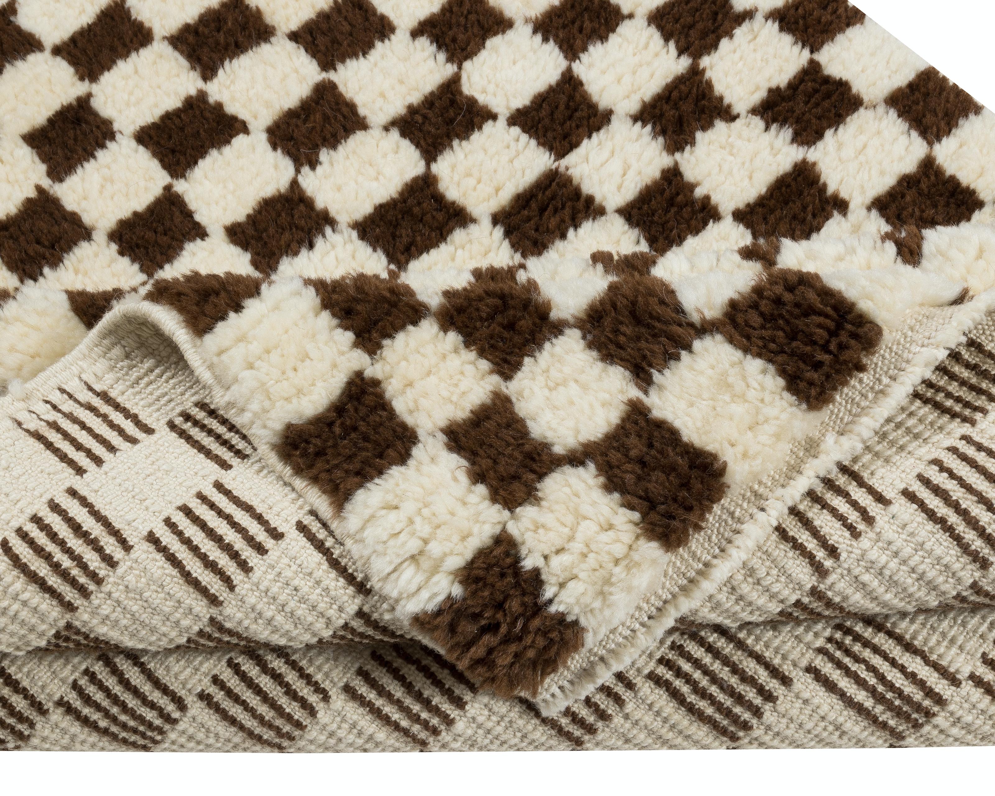 Hand-Knotted 4x6 ft Custom Handmade Tulu Rug, All Wool, New Checkered Design in Brown & Ivory For Sale