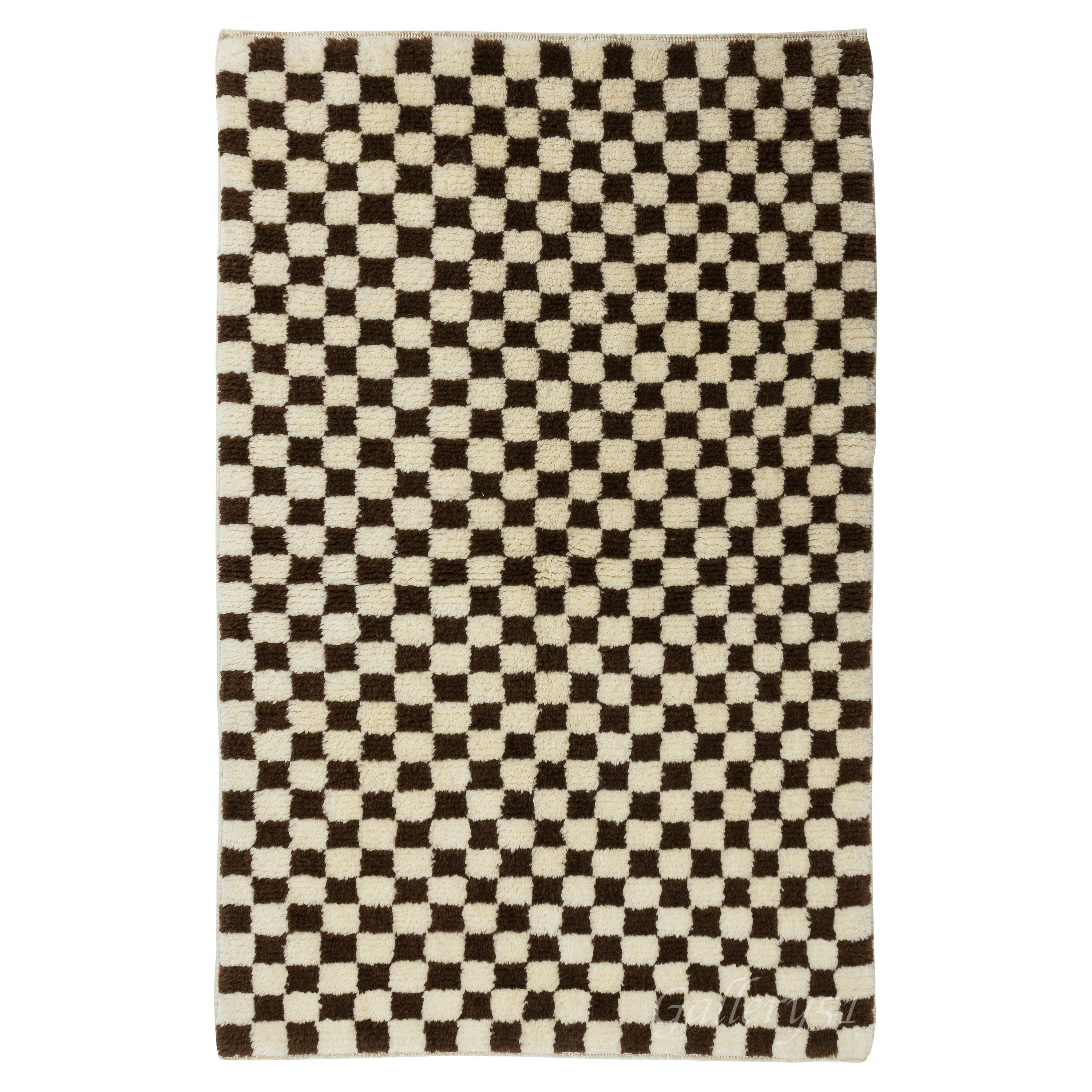 Tappeto Tulu fatto a mano su misura 4x6 ft, interamente in lana. Nuovo design a scacchi in marrone e avorio