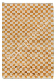 4x6 Ft Hand-knotted Checkered Design Tulu Rug in Orange and Beige. 100% Wool