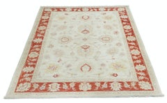 4x6 ft Hand Knotted Floral Turkish Area Rug with Beige Field and Red Border