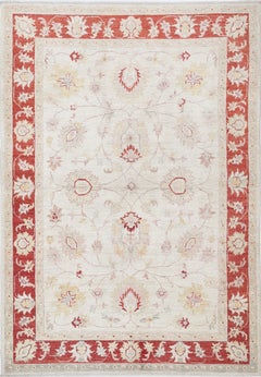 4x6 ft Hand Knotted Floral Turkish Area Rug with Beige Field and Red Border