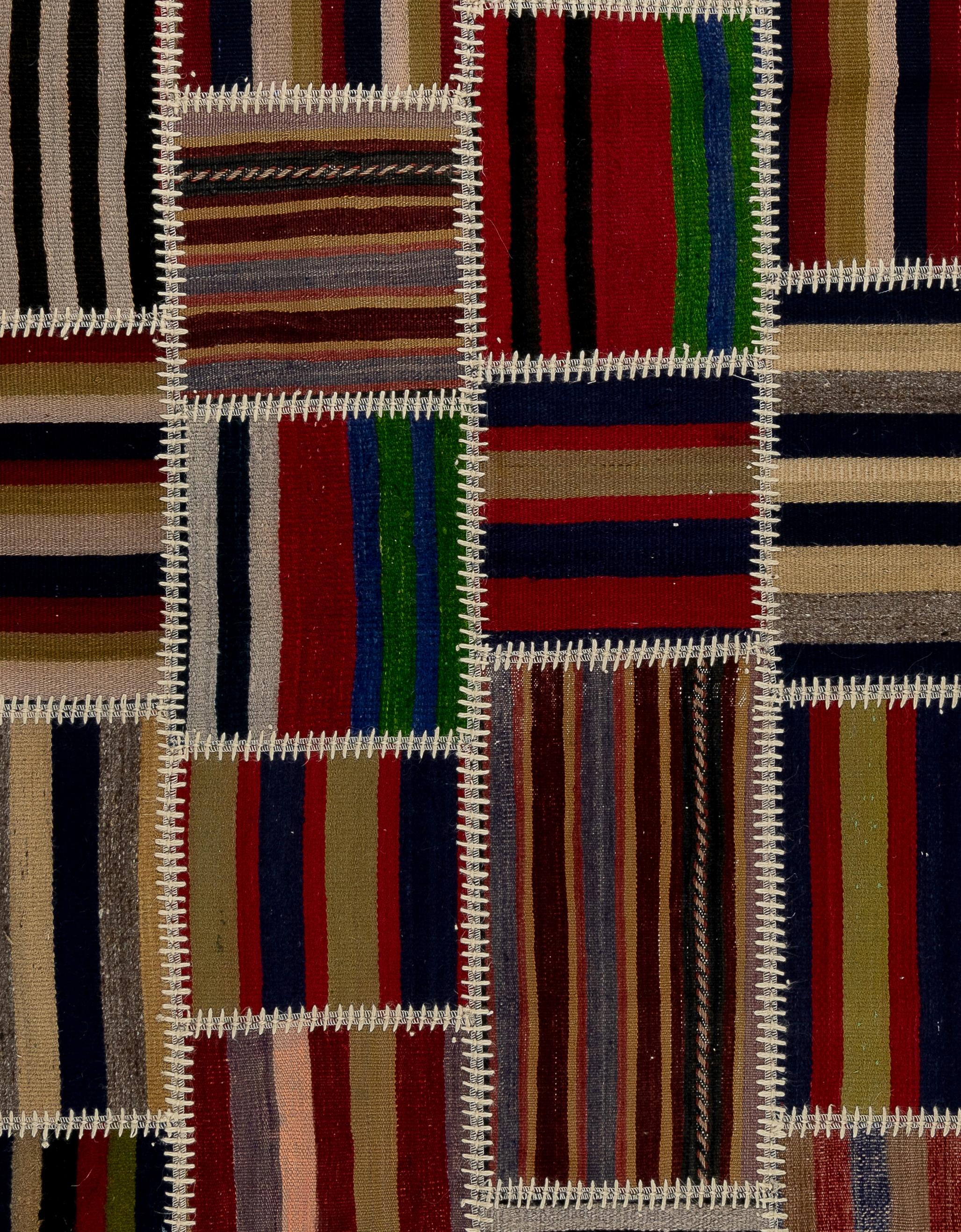 4x6 Fuß handgefertigter gestreifter Patchwork-Kelim-Teppich „FlatWeave“, maßgefertigte Farben und Größen (Türkisch) im Angebot