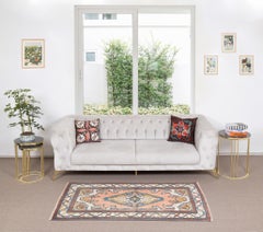 4x6 Ft Vintage Hand-Knotted Turkish Rug - Tapis à médaillons pêche, bleu et ivoire