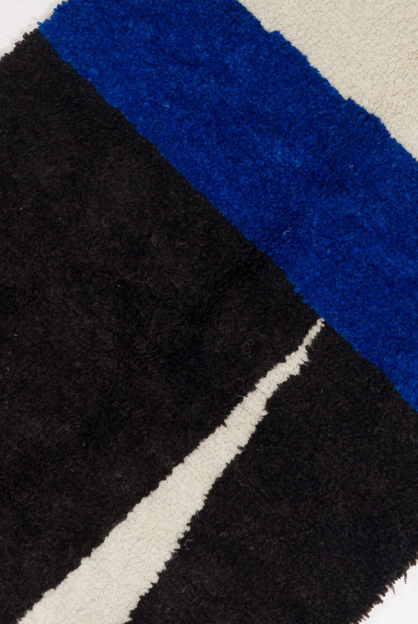 Tulu Modern Hand-Knotted Rug in Blue, Black & Cream. Custom Options Available For Sale