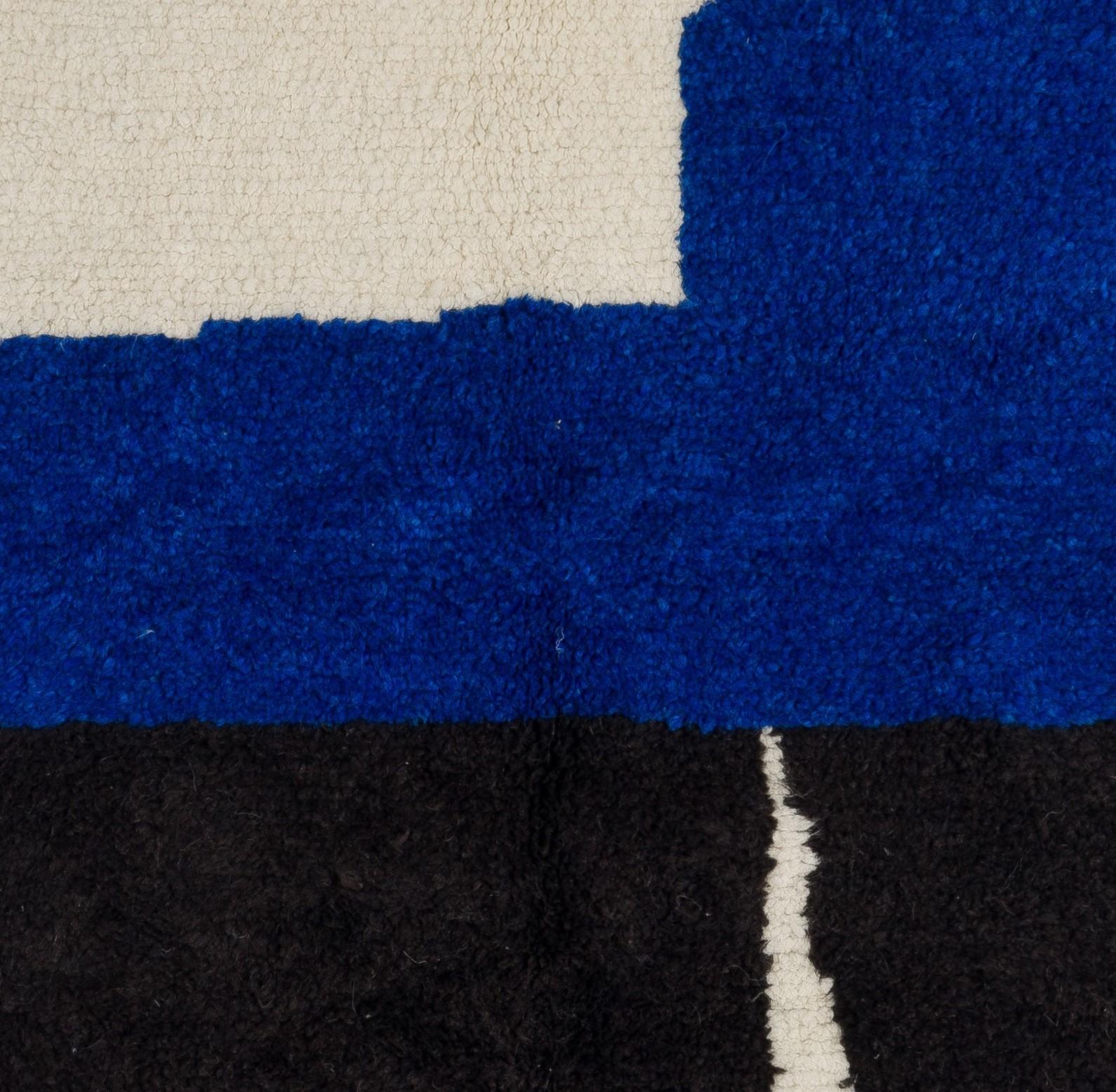 Turkish Modern Hand-Knotted Rug in Blue, Black & Cream. Custom Options Available For Sale