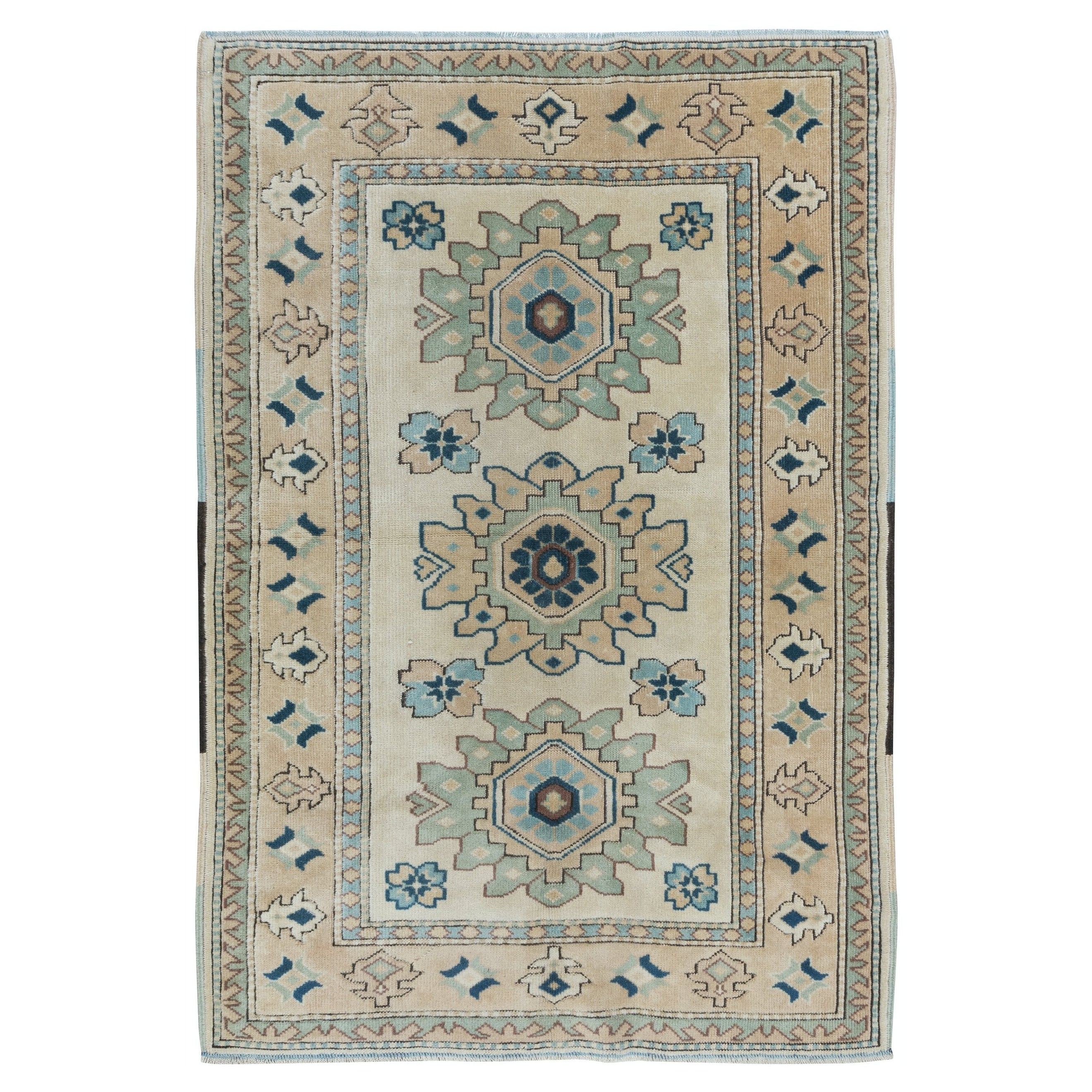 Tappeto turco moderno 4x6 Ft con medaglioni, Tappeto fatto a mano, 100% lana