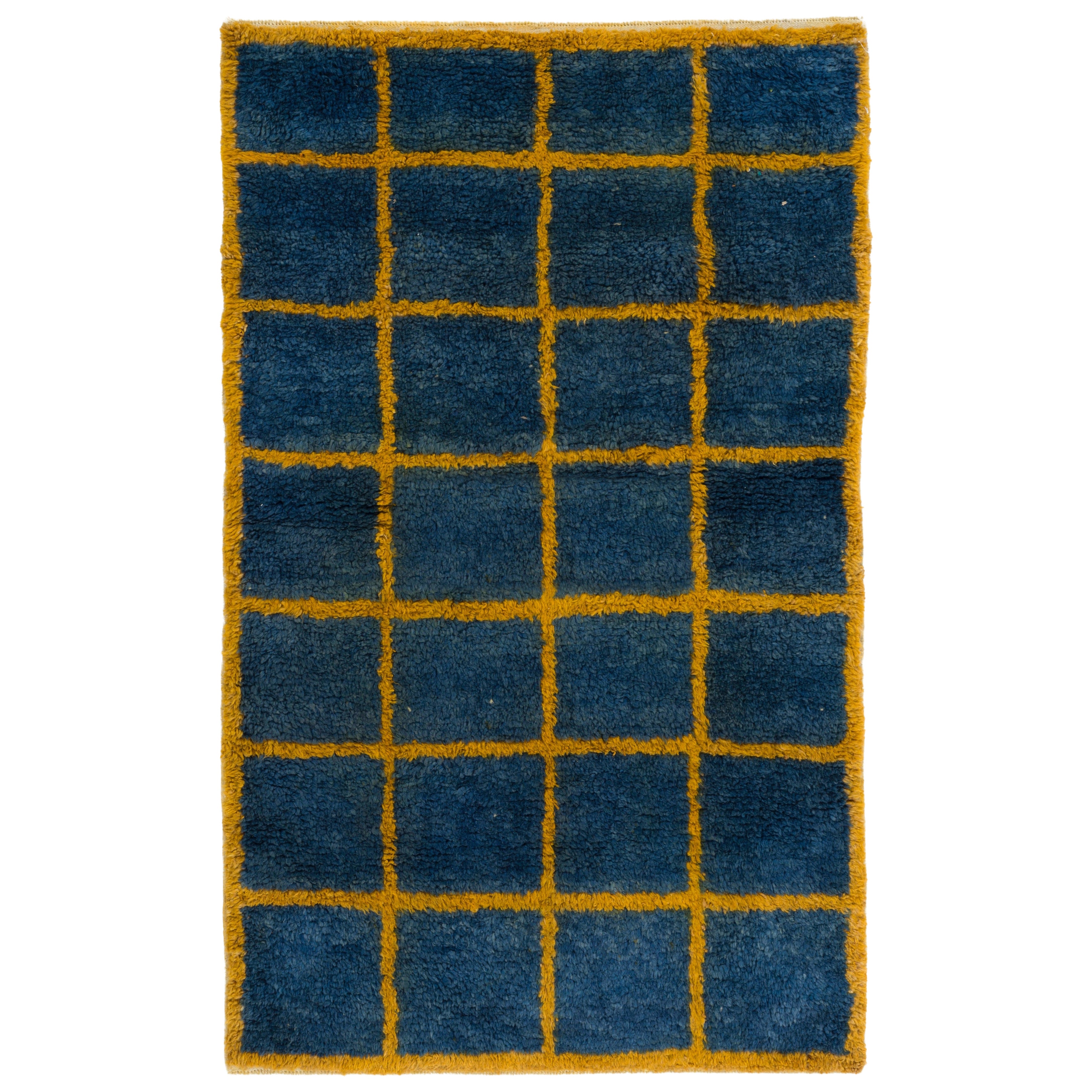 Tappeto "Tulu" 4x6 Ft nuovo, fatto a mano, nei colori blu e giallo ambra, in morbido vello di lana