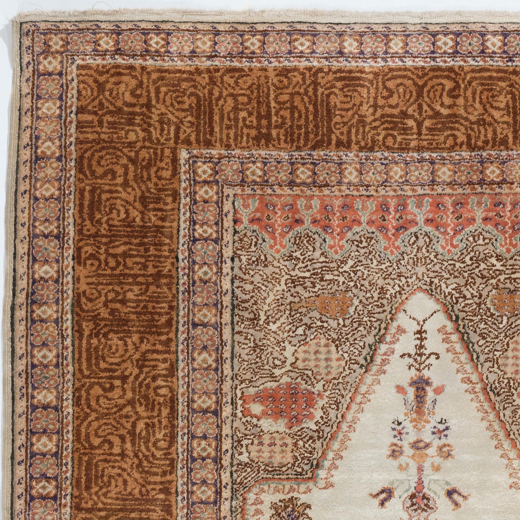 An early 20th century North West Anatolian niche design rug with beautiful colors. Finely hand knotted with even medium art silk pile on cotton foundation. Very good condition. Sturdy and as clean as a brand new rug (deep washed professionally).