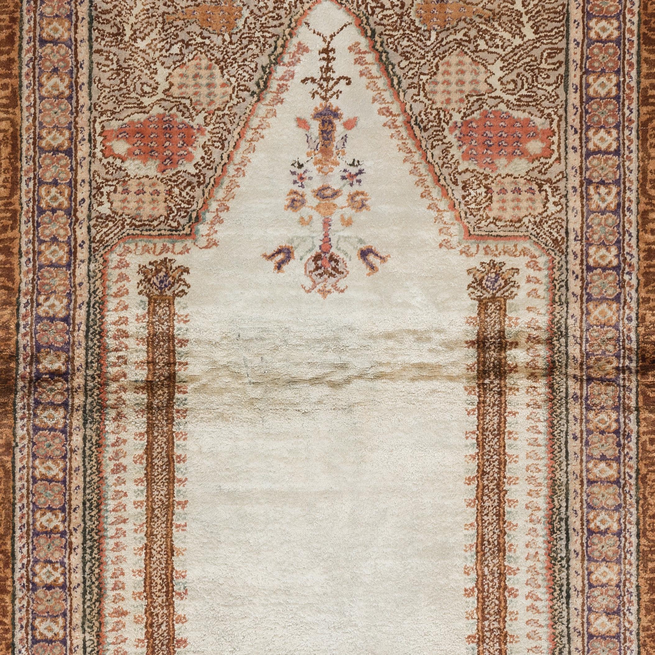 Islamic 4x6 Ft One of a Kind Handmade Anatolian Art Silk Prayer Rug. Vintage Prayer Mat For Sale