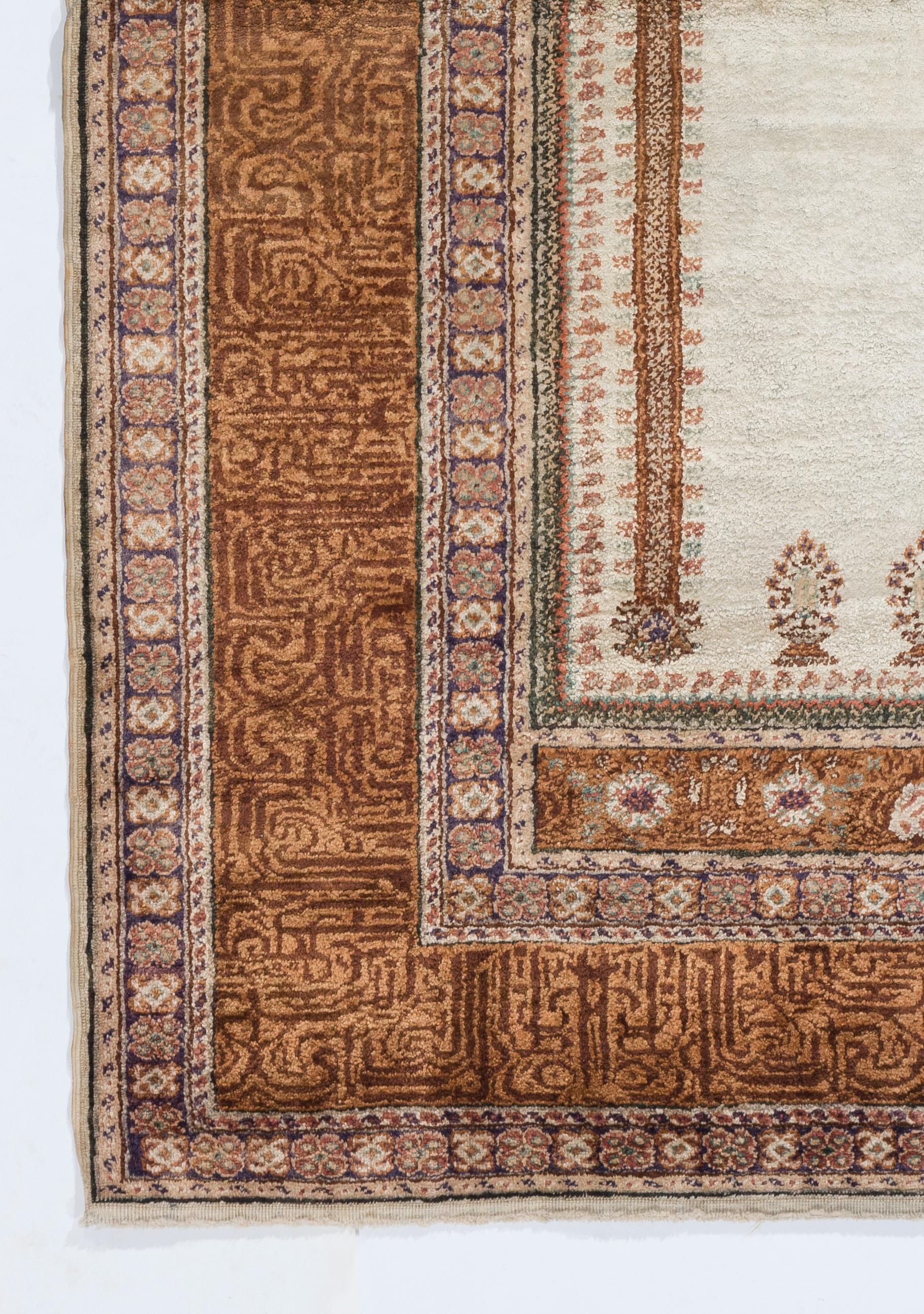 Islamic 4x6 Ft One of a Kind Handmade Turkish Art Silk Prayer Rug. Vintage Prayer Mat For Sale