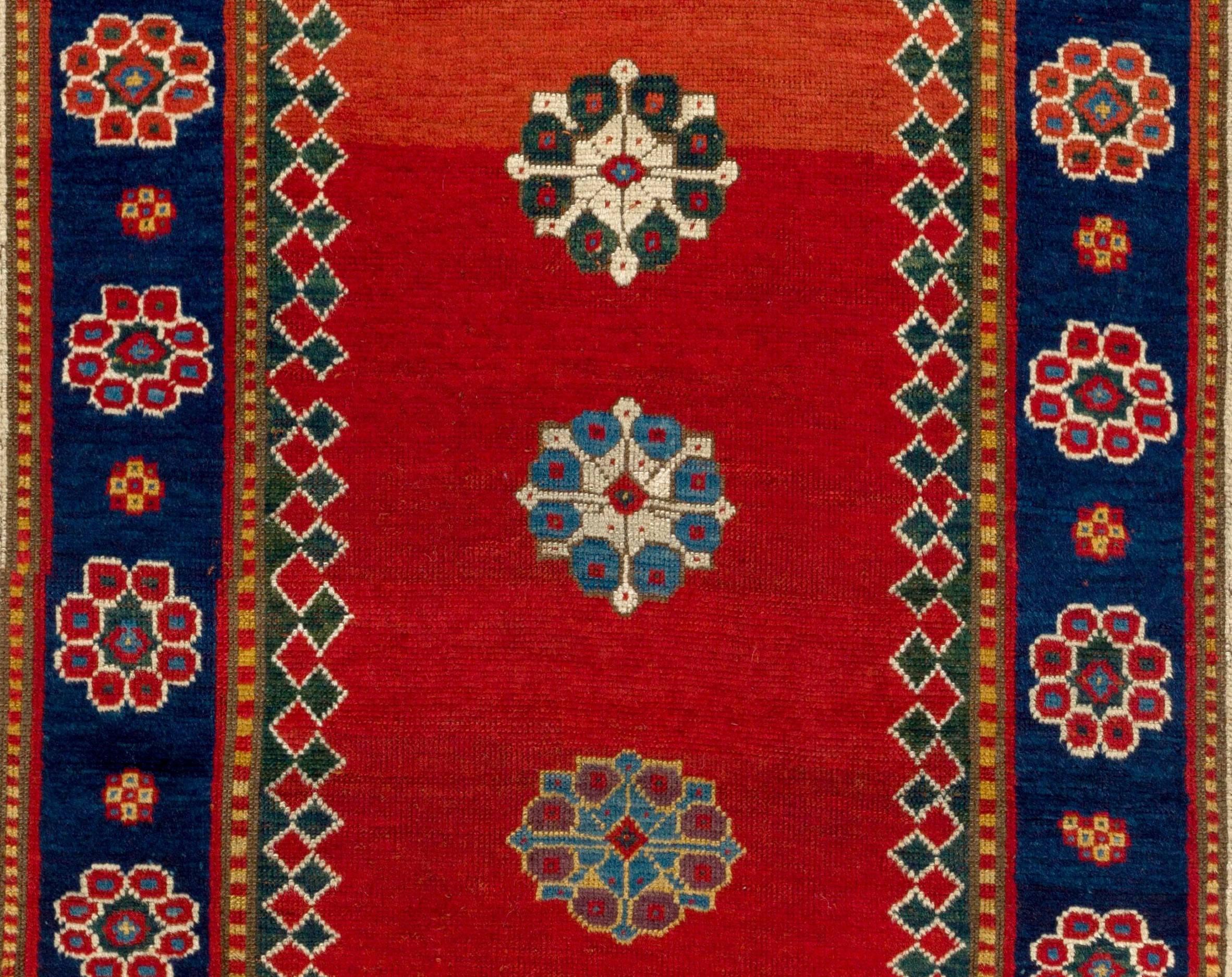 A unique and highly collectible Caucasian Kazak prayer rug with fantastic natural dyes. Lustrous medium wool pile on wool foundation. Dated in two places as 1287 in Hijri Calendar which is 1870 AD. The rug is in very good condition. Measures: 4 x 6
