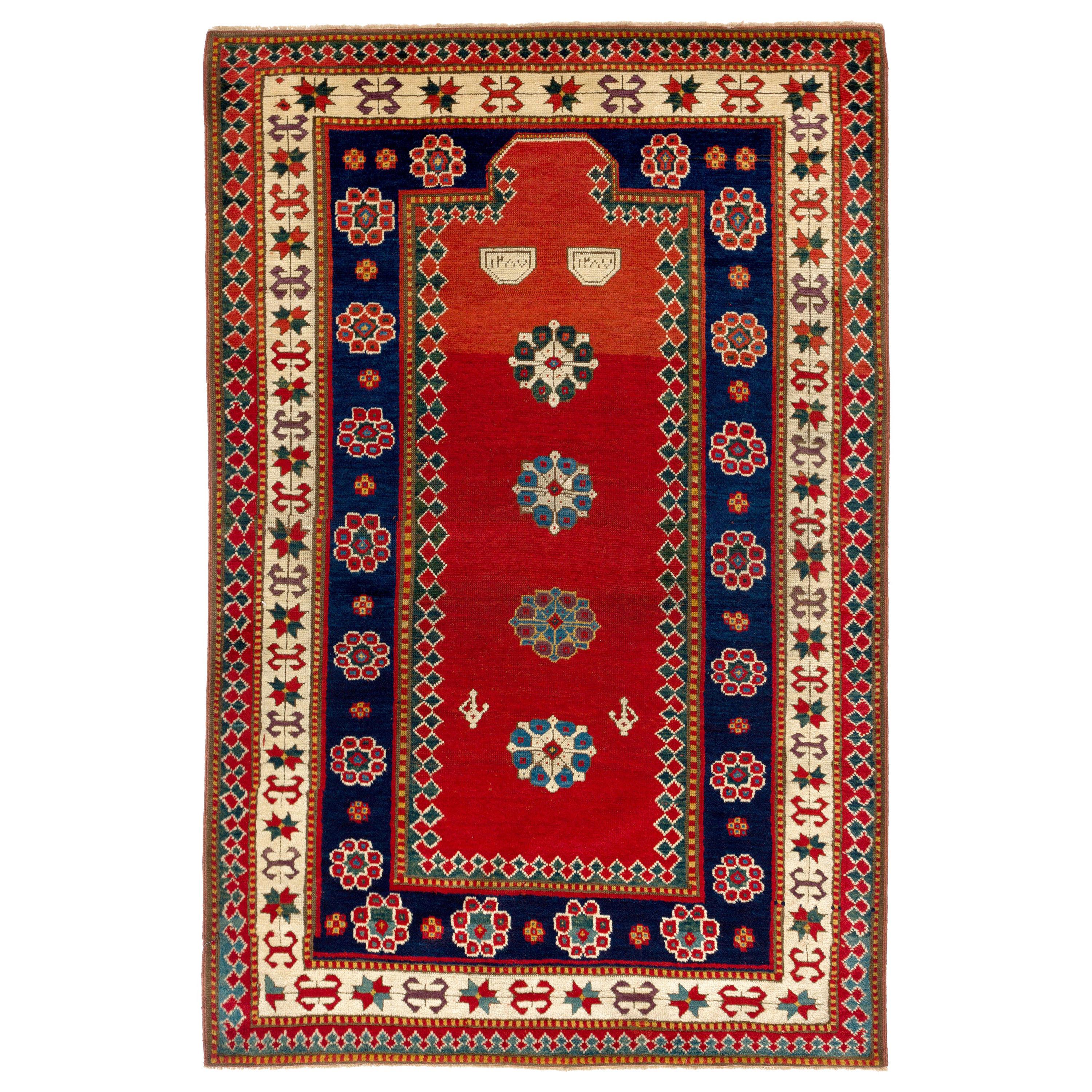 Dated 1870. Antique Caucasian Kazak Rug, Top Shelf Collectors Prayer Rug For Sale