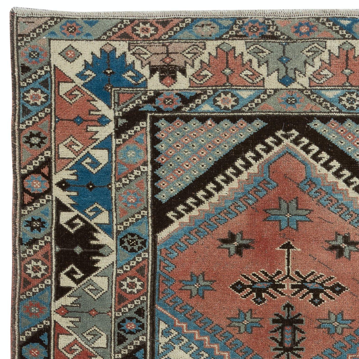 Hand-Knotted 4x6 Ft Unique Vintage Handmade Turkish Area Rug with Geometric Patters, All Wool For Sale