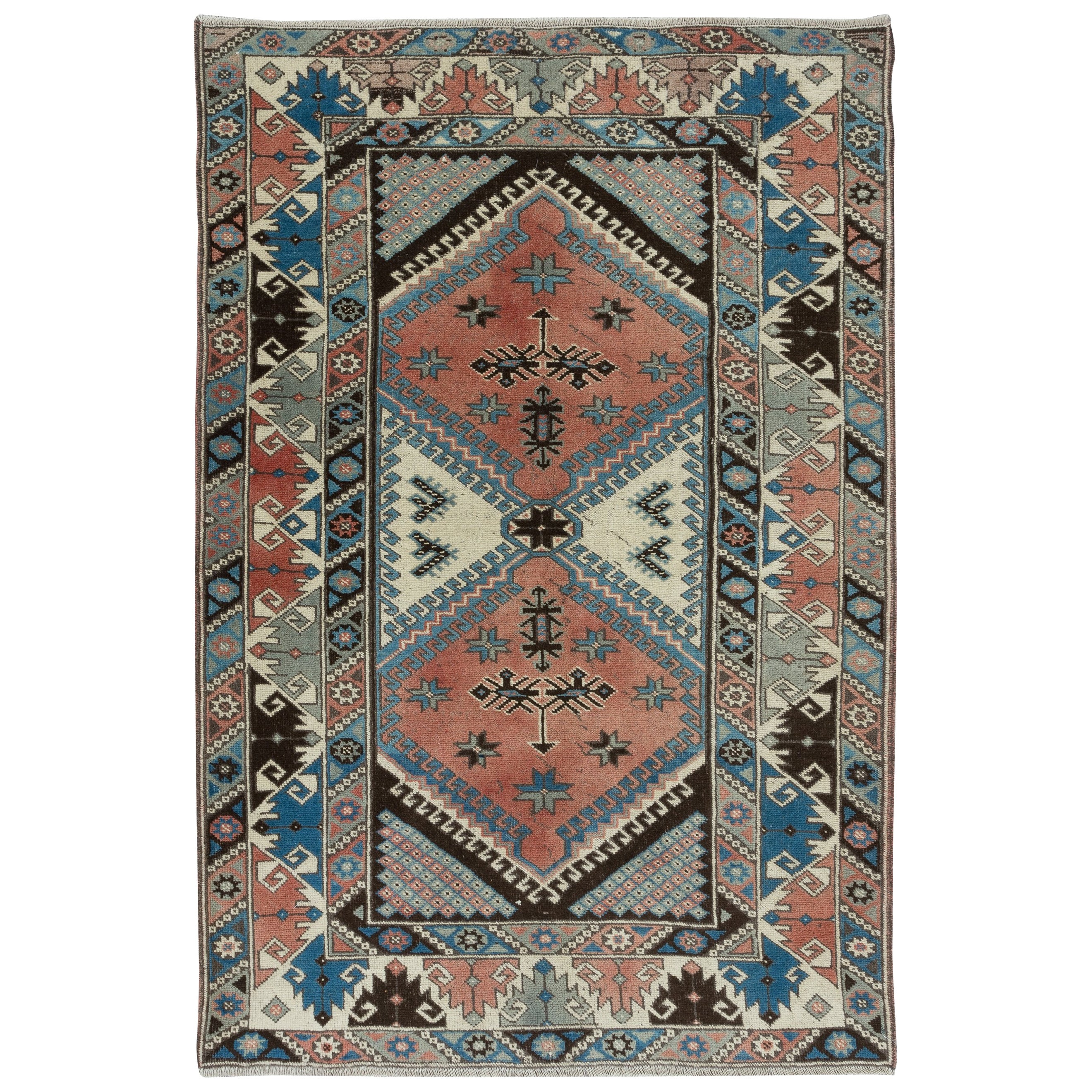 Tappeto turco vintage fatto a mano 4x6 Ft con motivi geometrici, tutto in lana