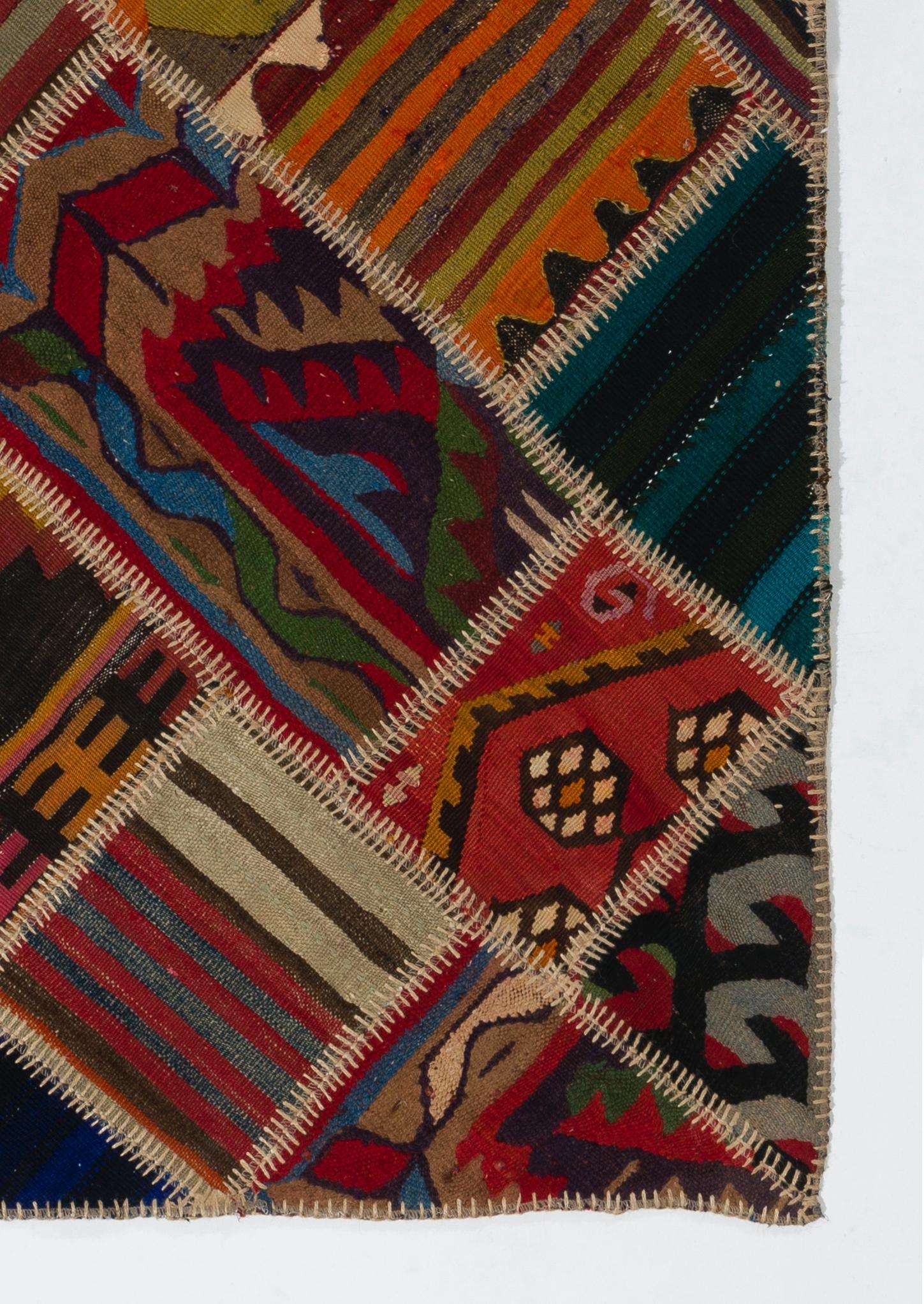 Hand-Woven 4x6 Ft Vintage Turkish Kilim Rugs Reimagined. Custom Handmade Patchwork Carpet For Sale