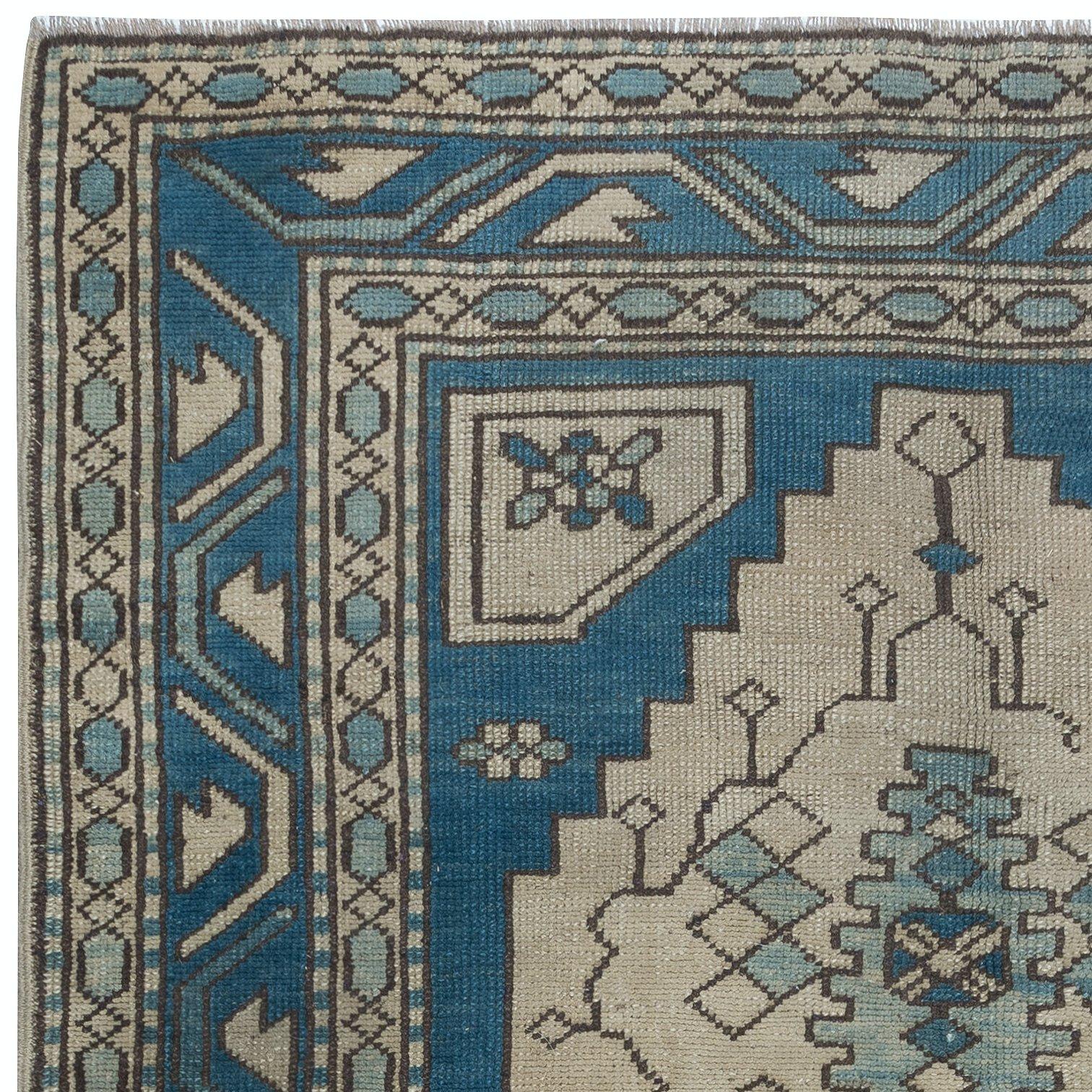Hand-Knotted 4x6 Ft Vintage Turkish Rug in Dark Blue & Beige, Handmade Wool Village Carpet For Sale