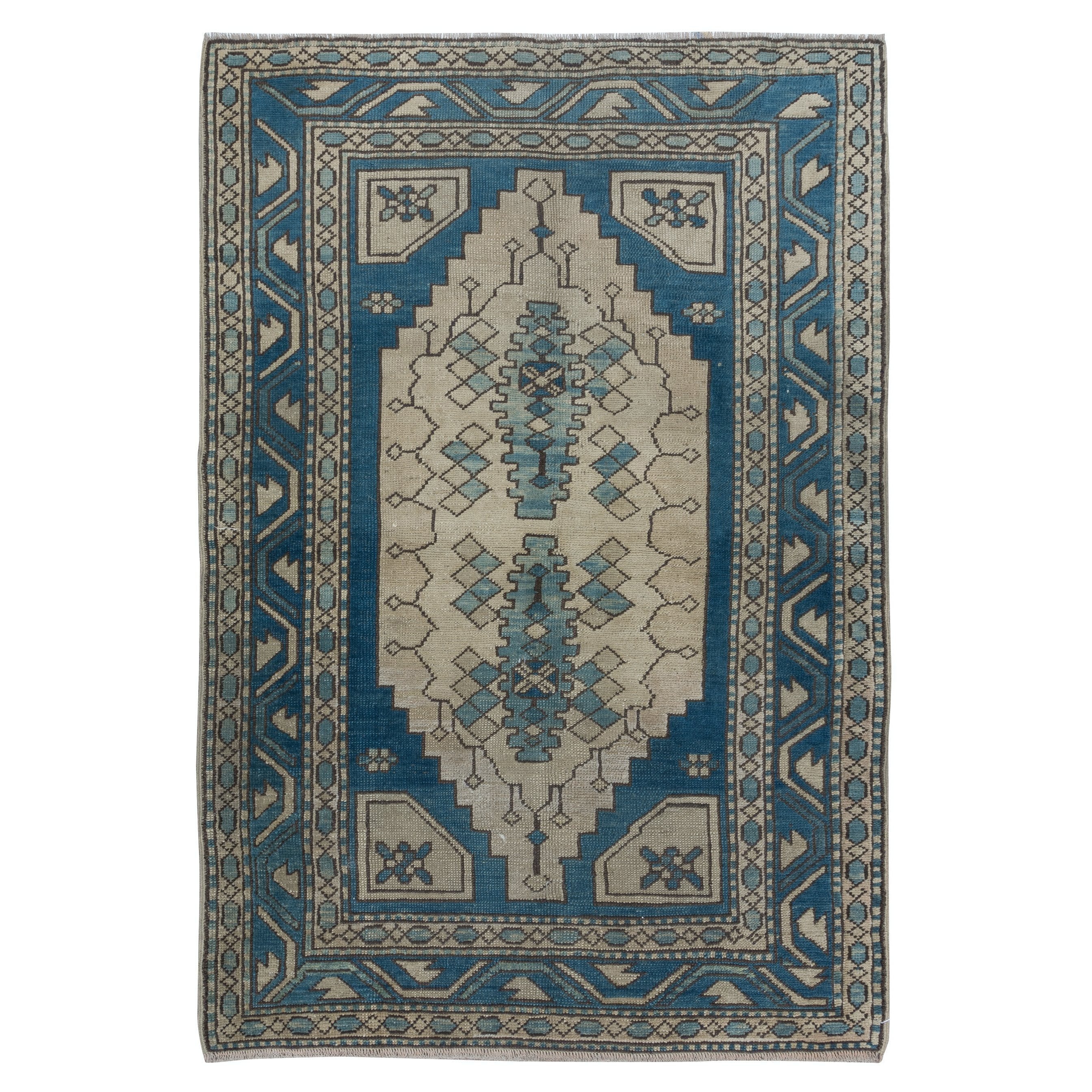 4x6 Ft Vintage Türkischer Teppich in Dunkelblau & Beige, handgefertigter Dorfteppich aus Wolle