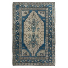 4x6 Ft Vintage Turkish Rug in Dark Blue & Beige, Handmade Wool Village Carpet
