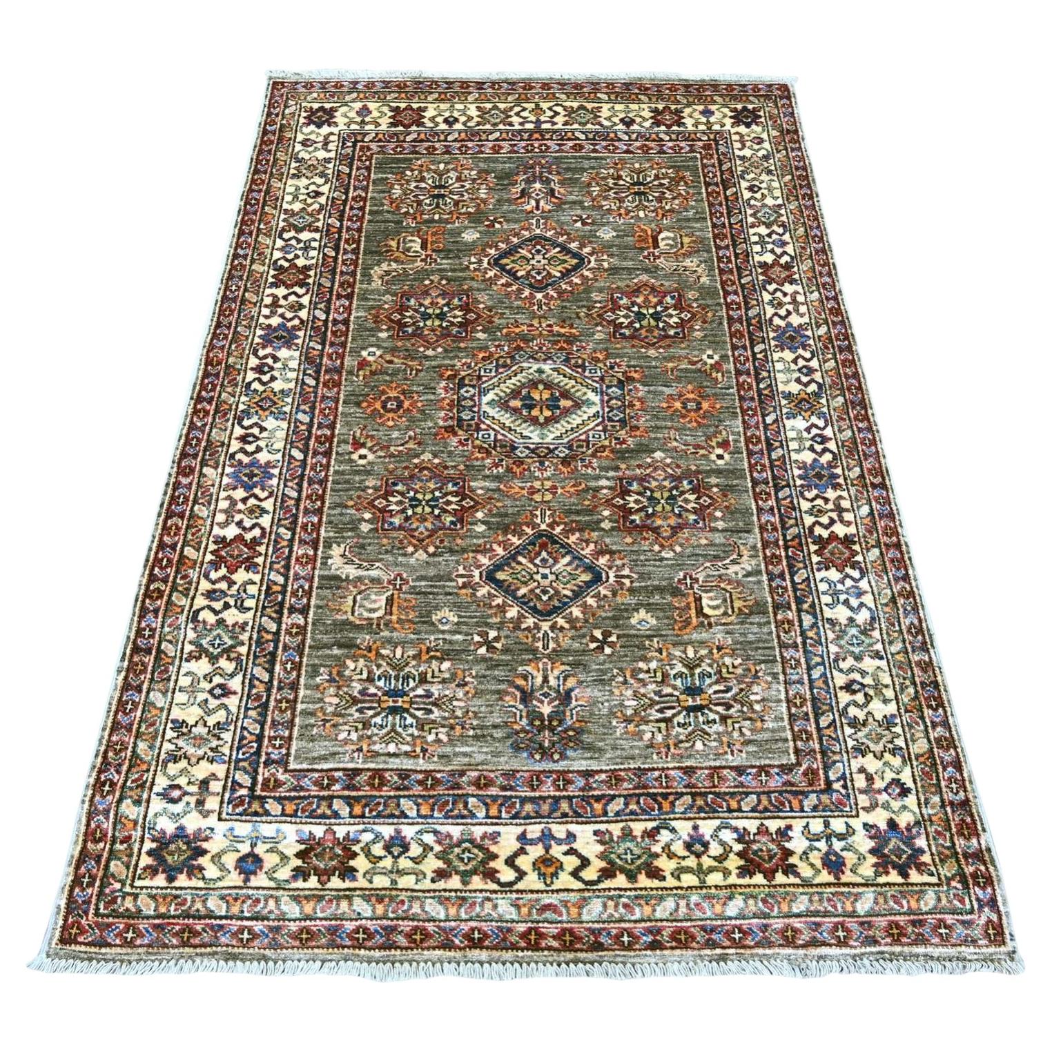 4'x6' Gray Afghan Super Kazak Medallions Design Hand Knotted Pure Wool Rug