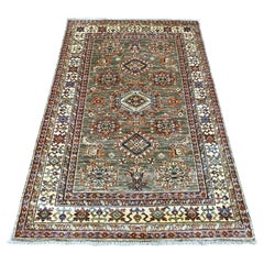 4'x6' Gray Afghan Super Kazak Medallions Design Hand Knotted Pure Wool Rug