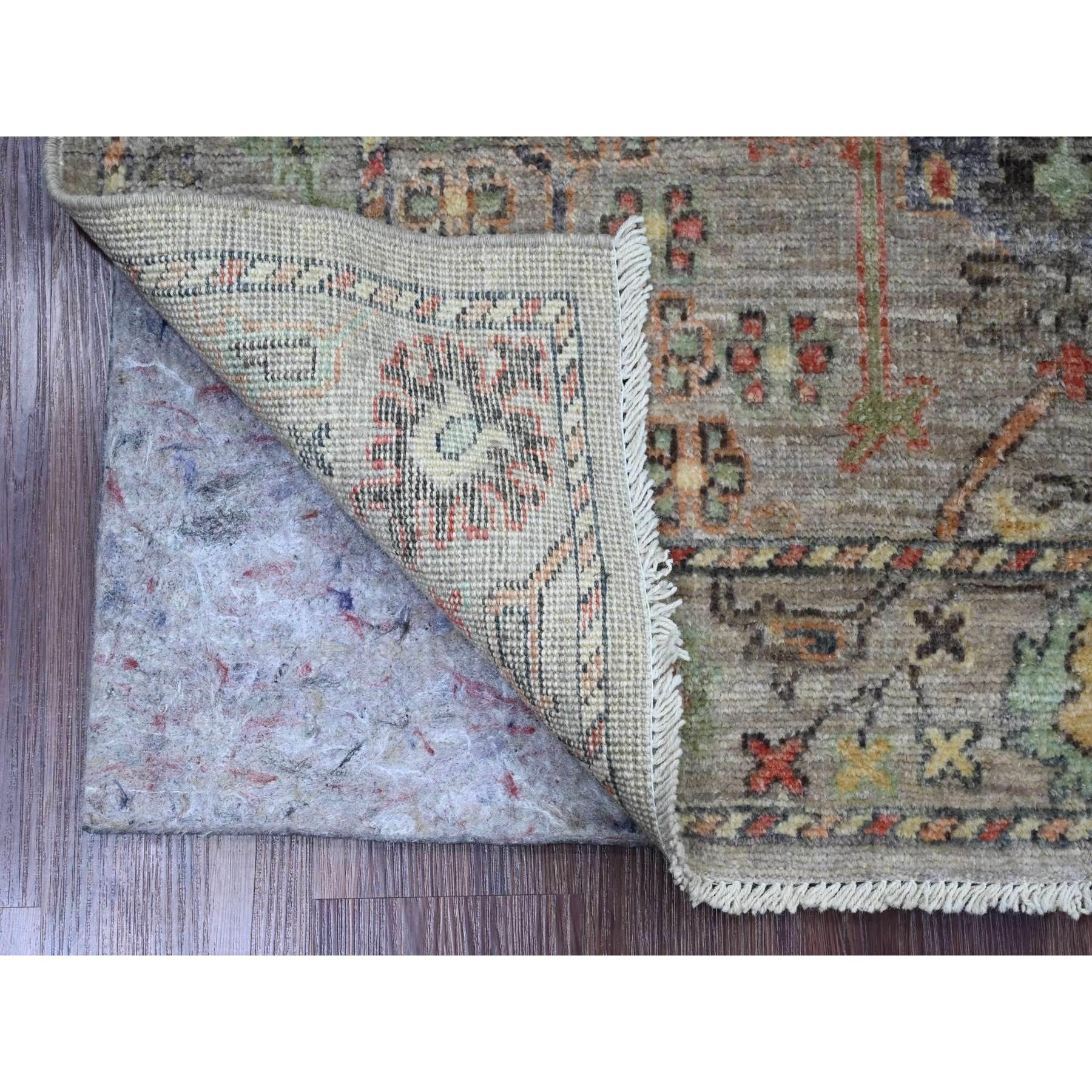 Battleship Gray, Hand Knotted, Afghan Angora Oushak with All Over Pattern, Vegetable Dyes, 100% Wool, Oriental Rug
Primary materials: Wool
Latex: No Pile 
height: 0.25 Inches
Style: Transitional
Primary color: Grey
Secondary colors: Orange, Yellow,