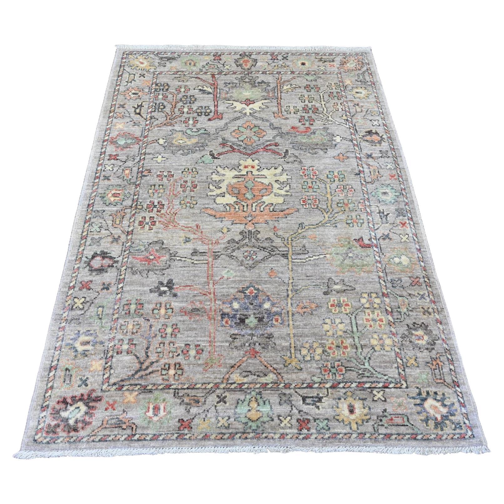4'x6' Gray Hand Knotted Afghan Angora Oushak All Over Pattern Pure Wool Rug